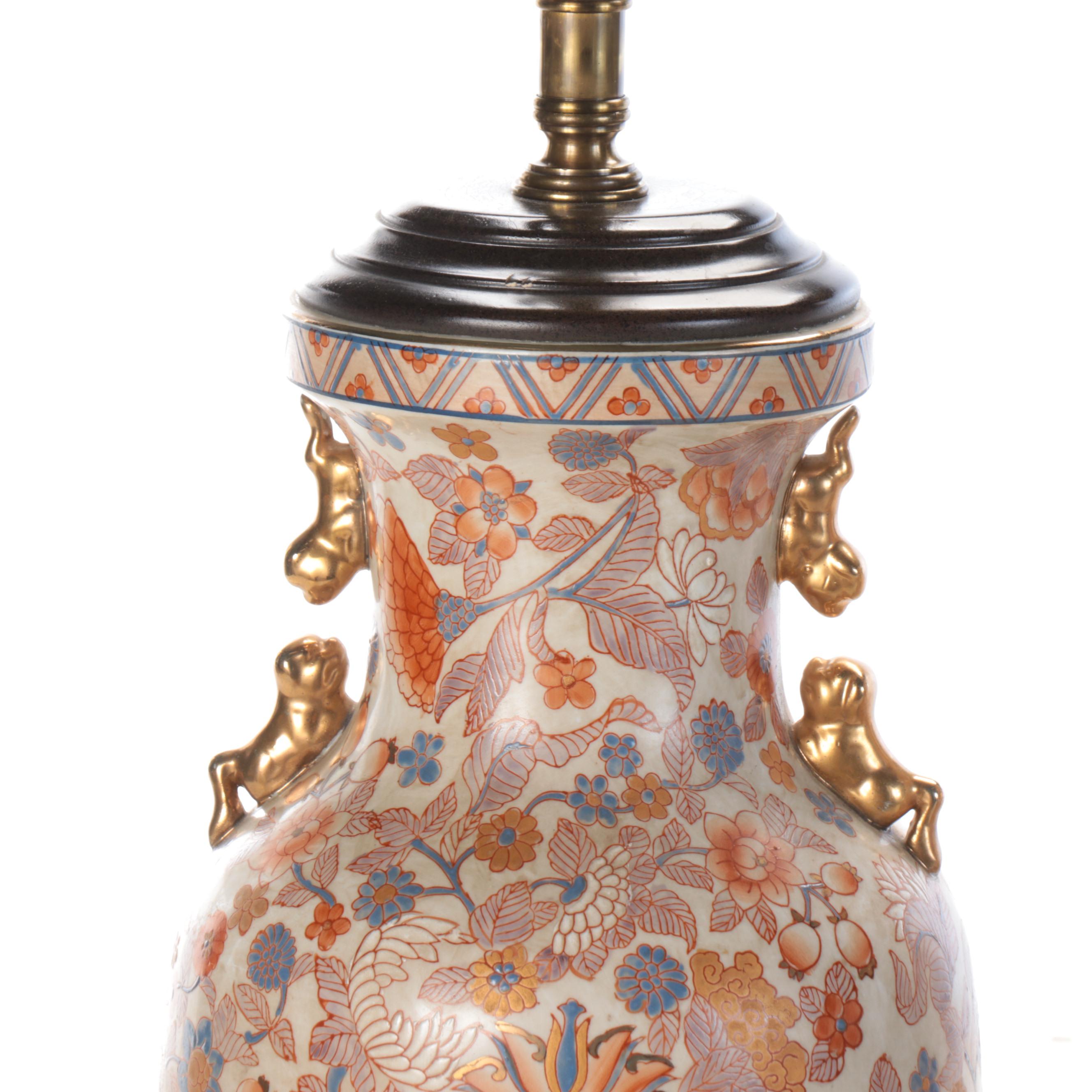 Chinese Gilt Hand-Enameled Ceramic and Metal Table Lamp Pair
