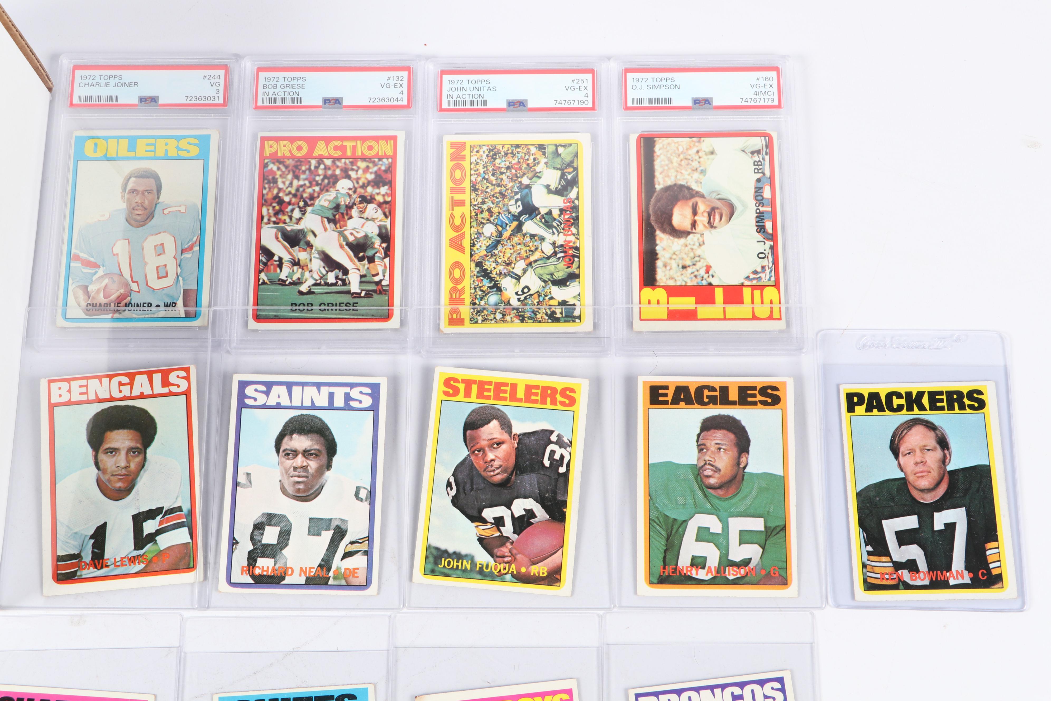 1972 Topps Football Cards Featuring Simpson, Unitas, Griese, Joiner, and More