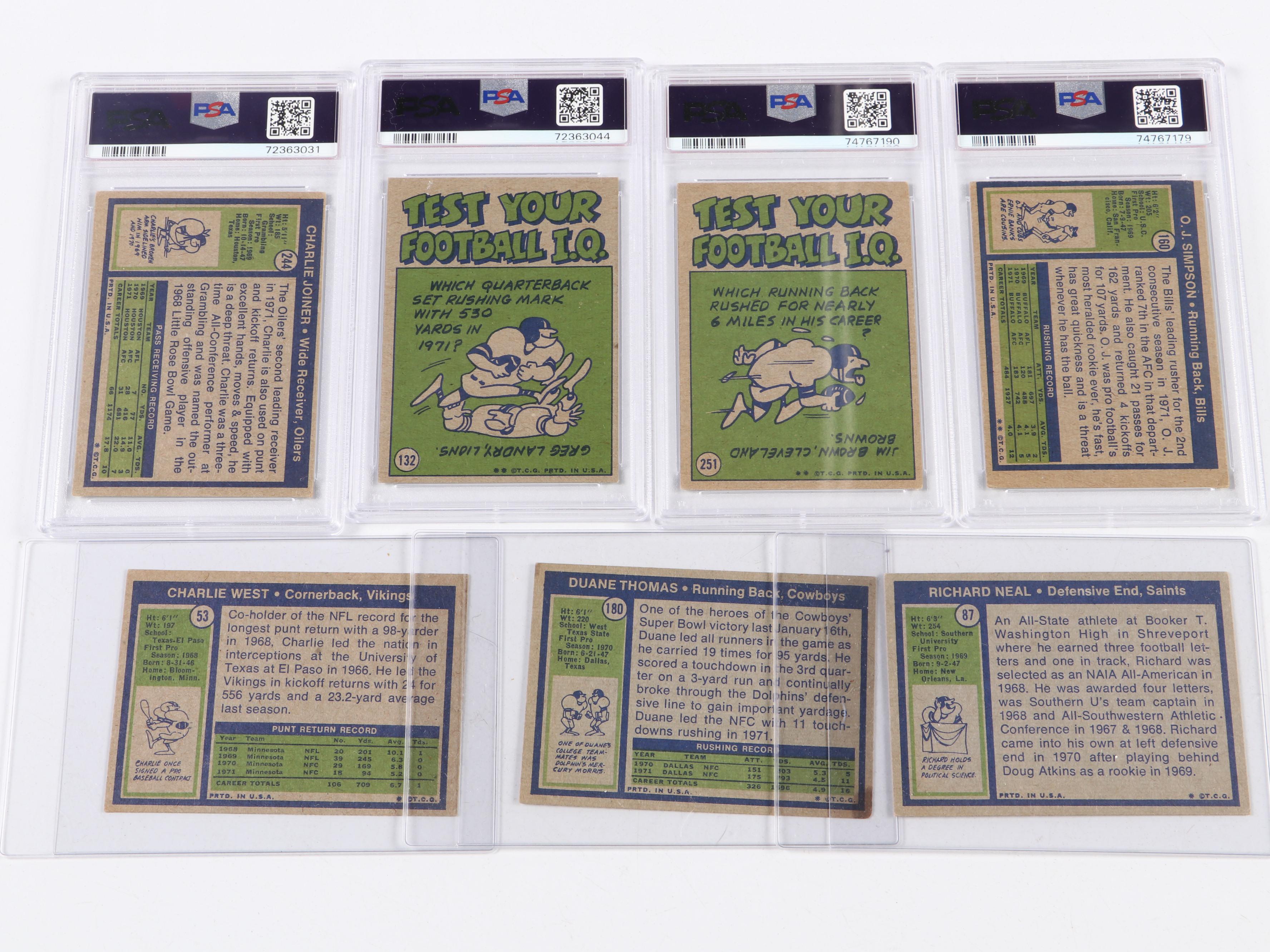 1972 Topps Football Cards Featuring Simpson, Unitas, Griese, Joiner, and More