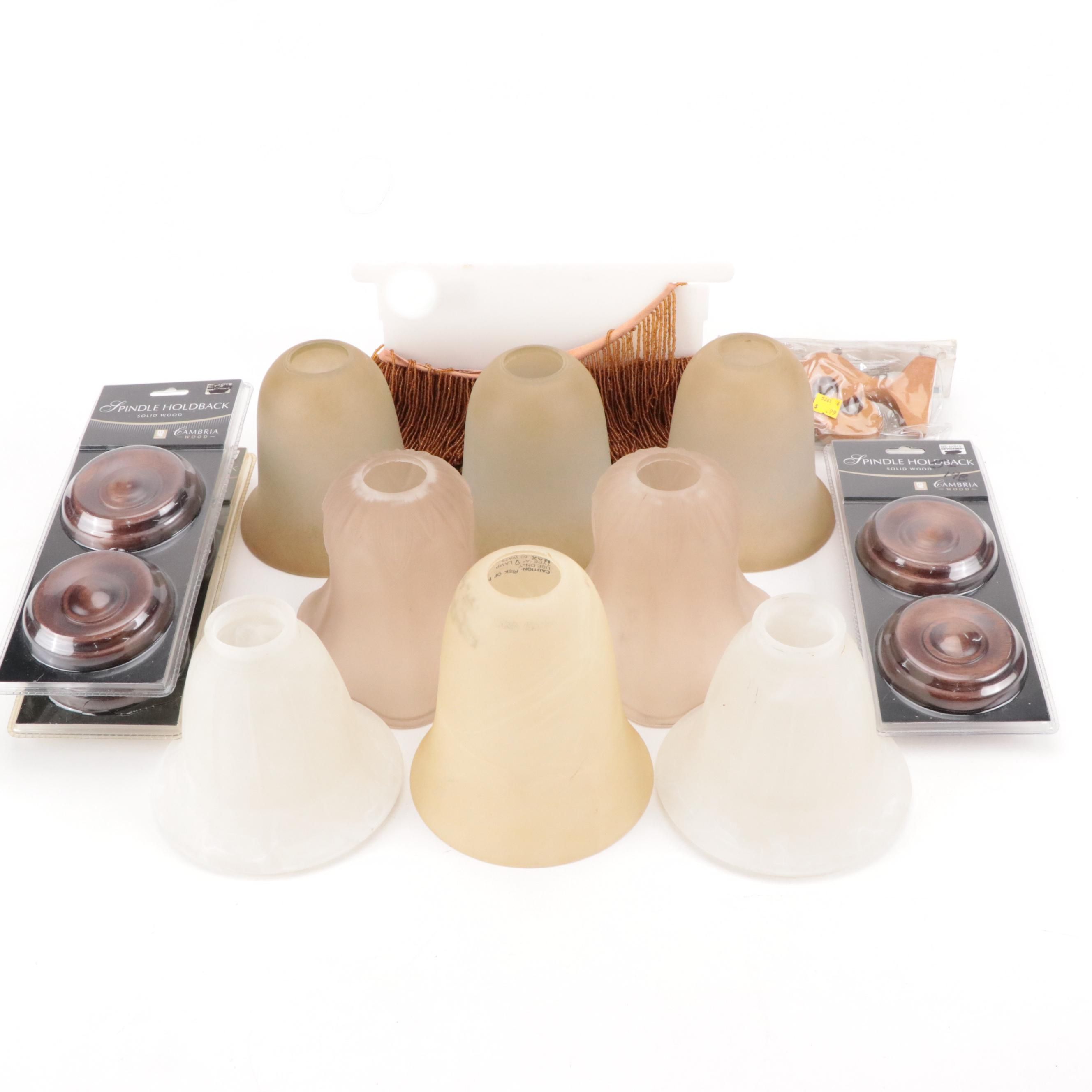 Wood Spindle Curtain Hold Back Hardware, Glass Light Shades and More Décor