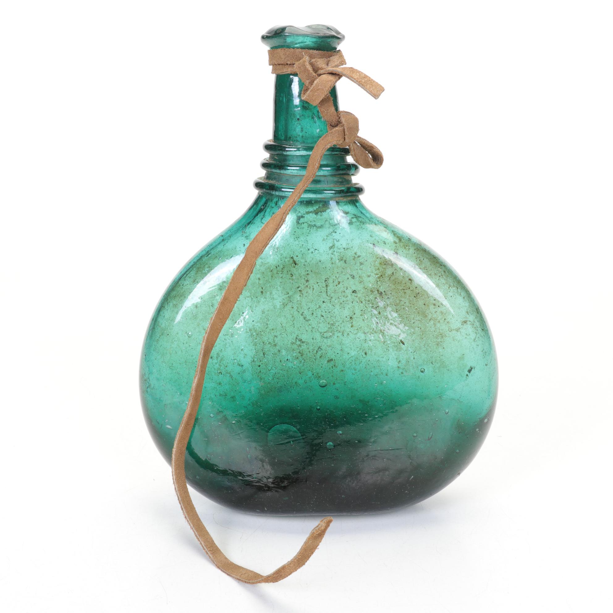 Persian Green Blown Glass Saddle Flask and Ancient Roman Glass Tear Vial