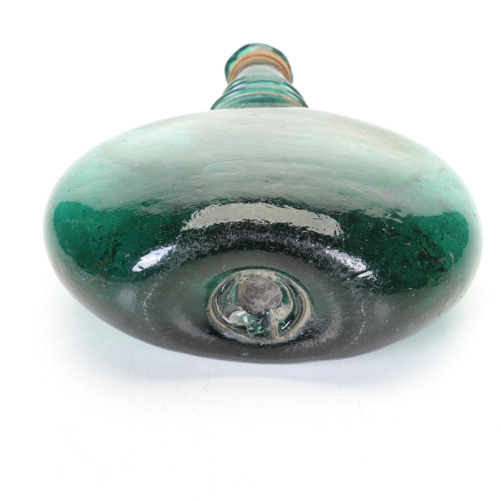 Persian Green Blown Glass Saddle Flask and Ancient Roman Glass Tear Vial