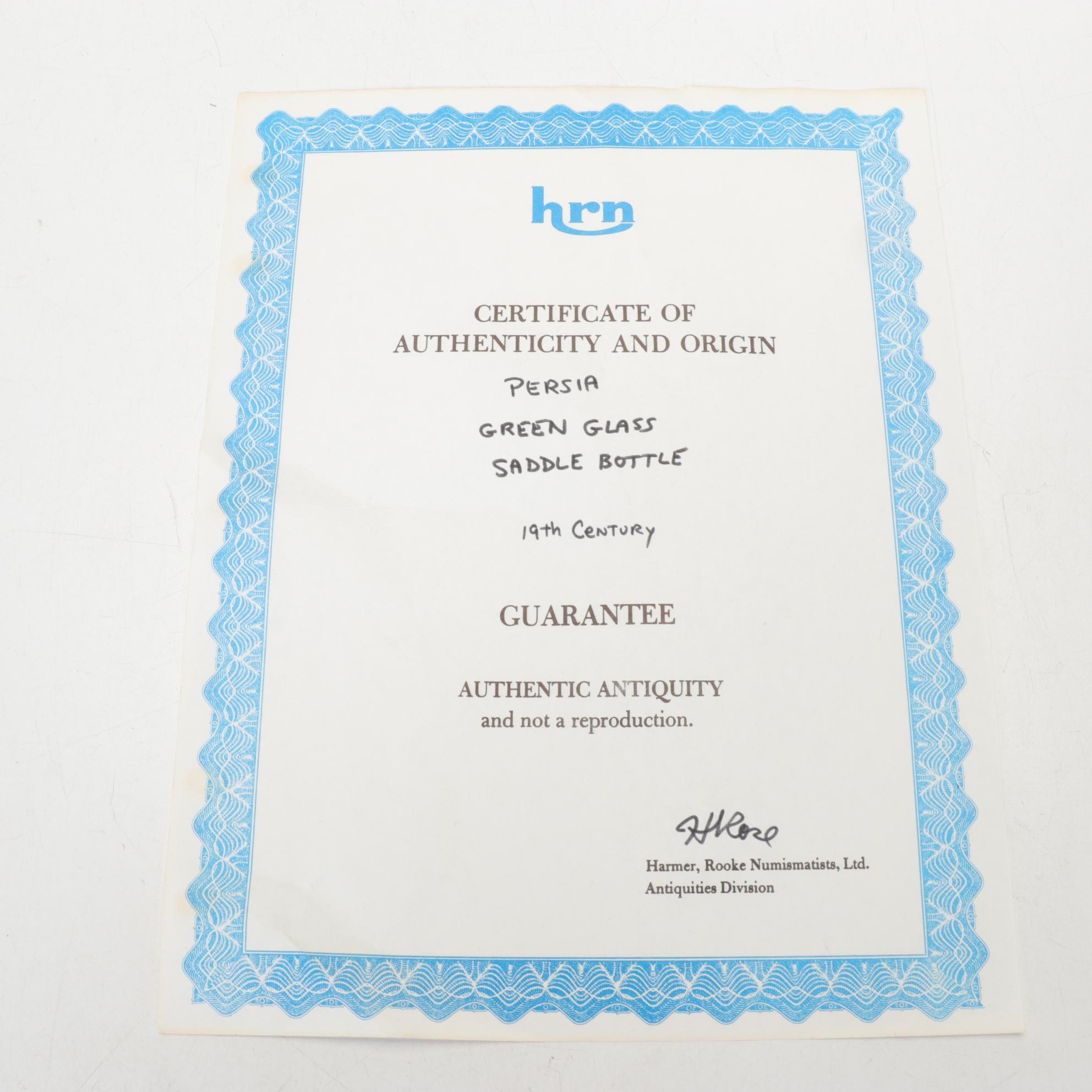 Persian Green Blown Glass Saddle Flask and Ancient Roman Glass Tear Vial