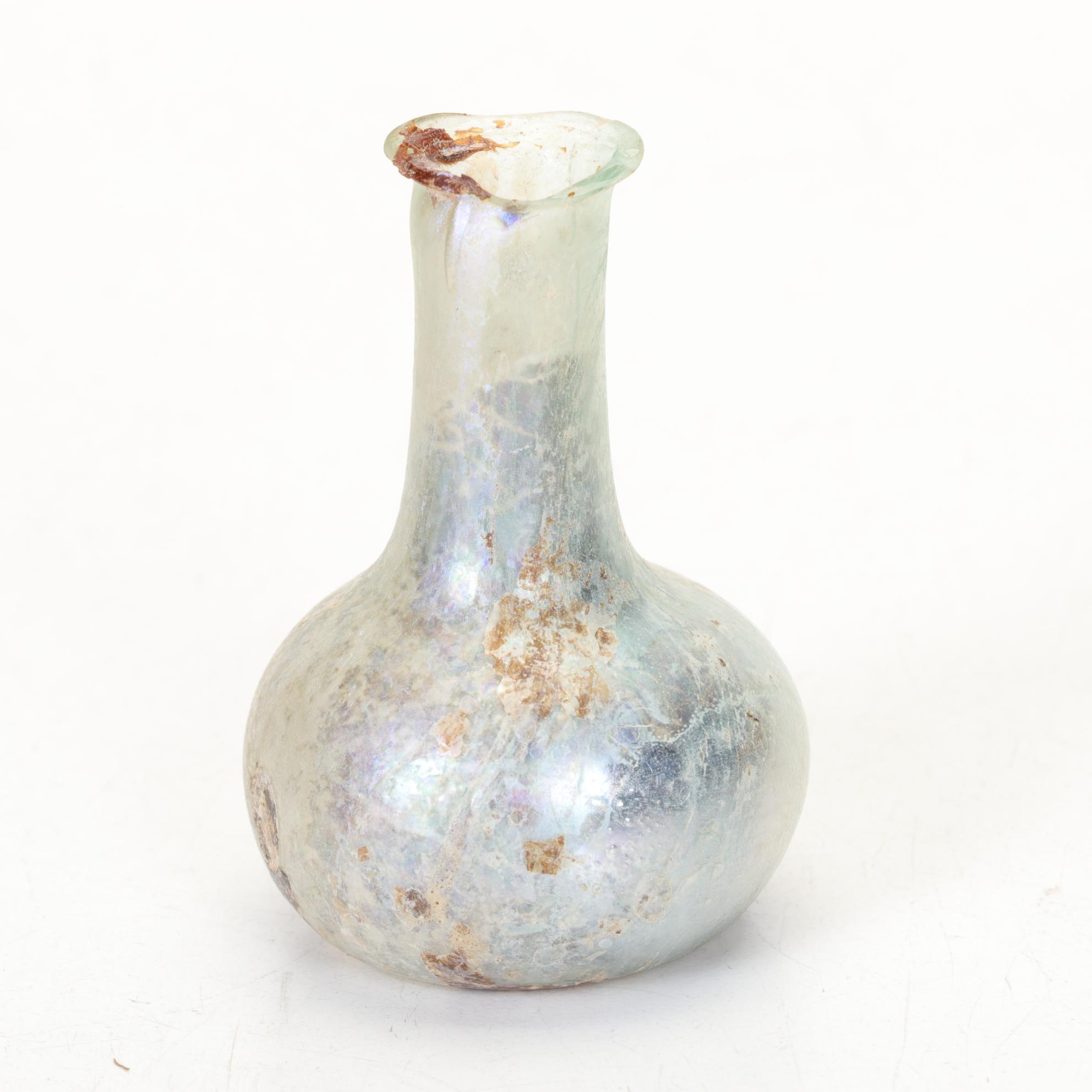 Persian Green Blown Glass Saddle Flask and Ancient Roman Glass Tear Vial