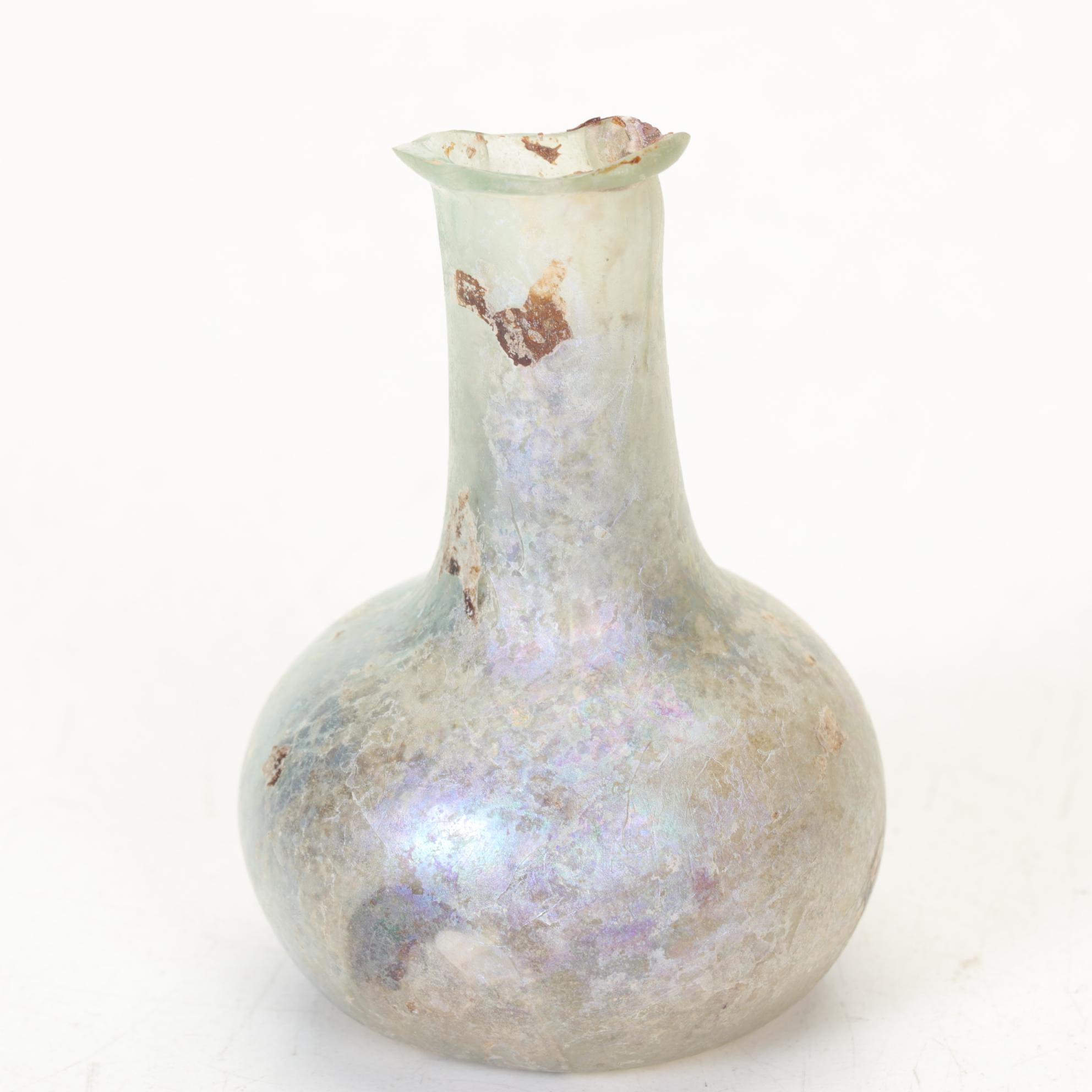 Persian Green Blown Glass Saddle Flask and Ancient Roman Glass Tear Vial