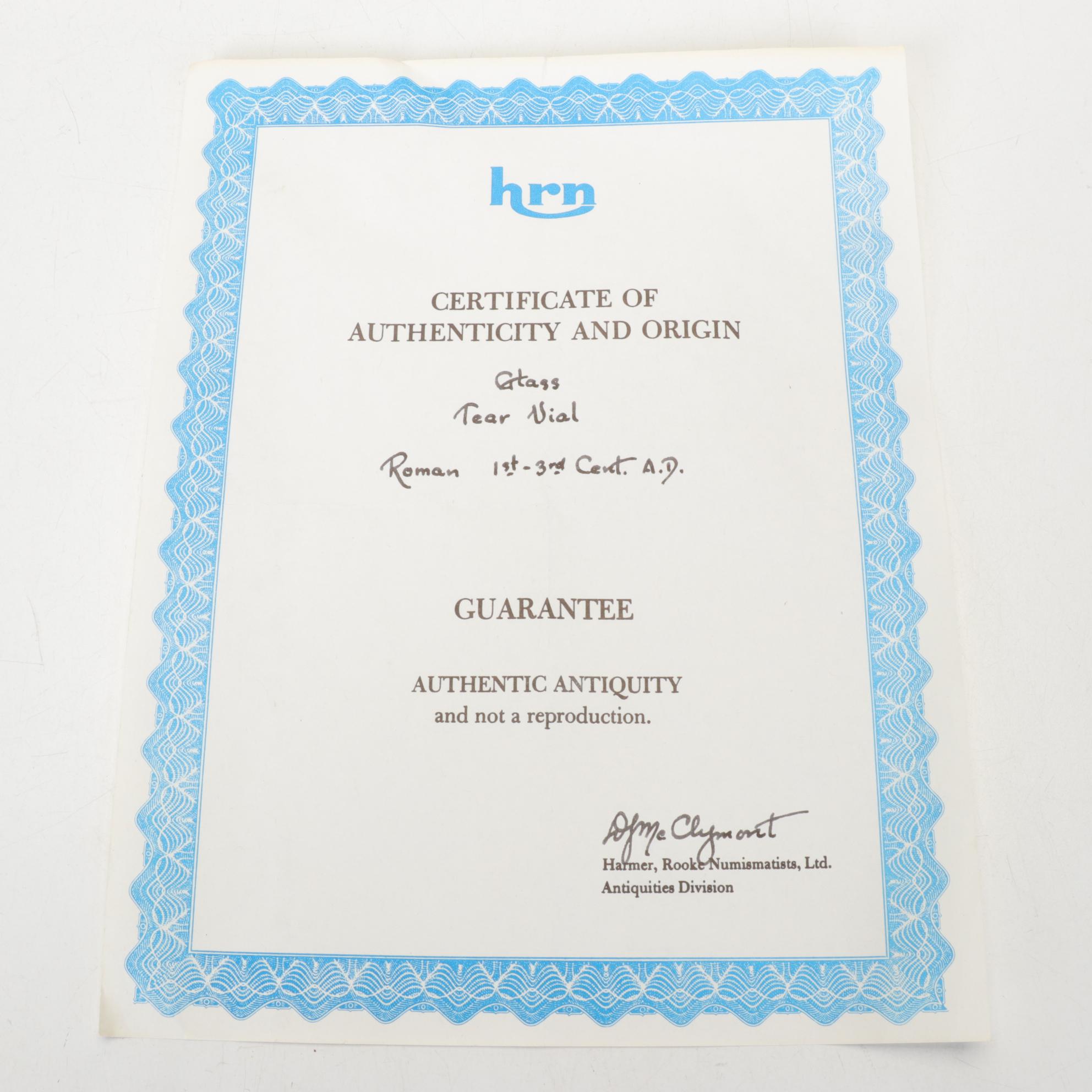 Persian Green Blown Glass Saddle Flask and Ancient Roman Glass Tear Vial