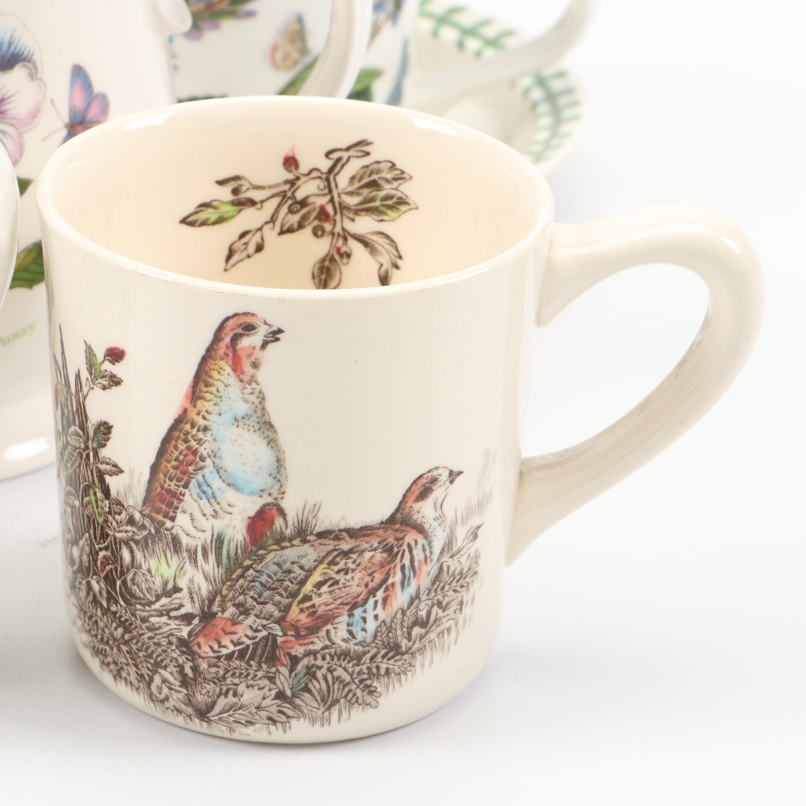 Portmeirion "Botanic Garden" Cups and Saucers with Johnson Bros "Partridge" Mug
