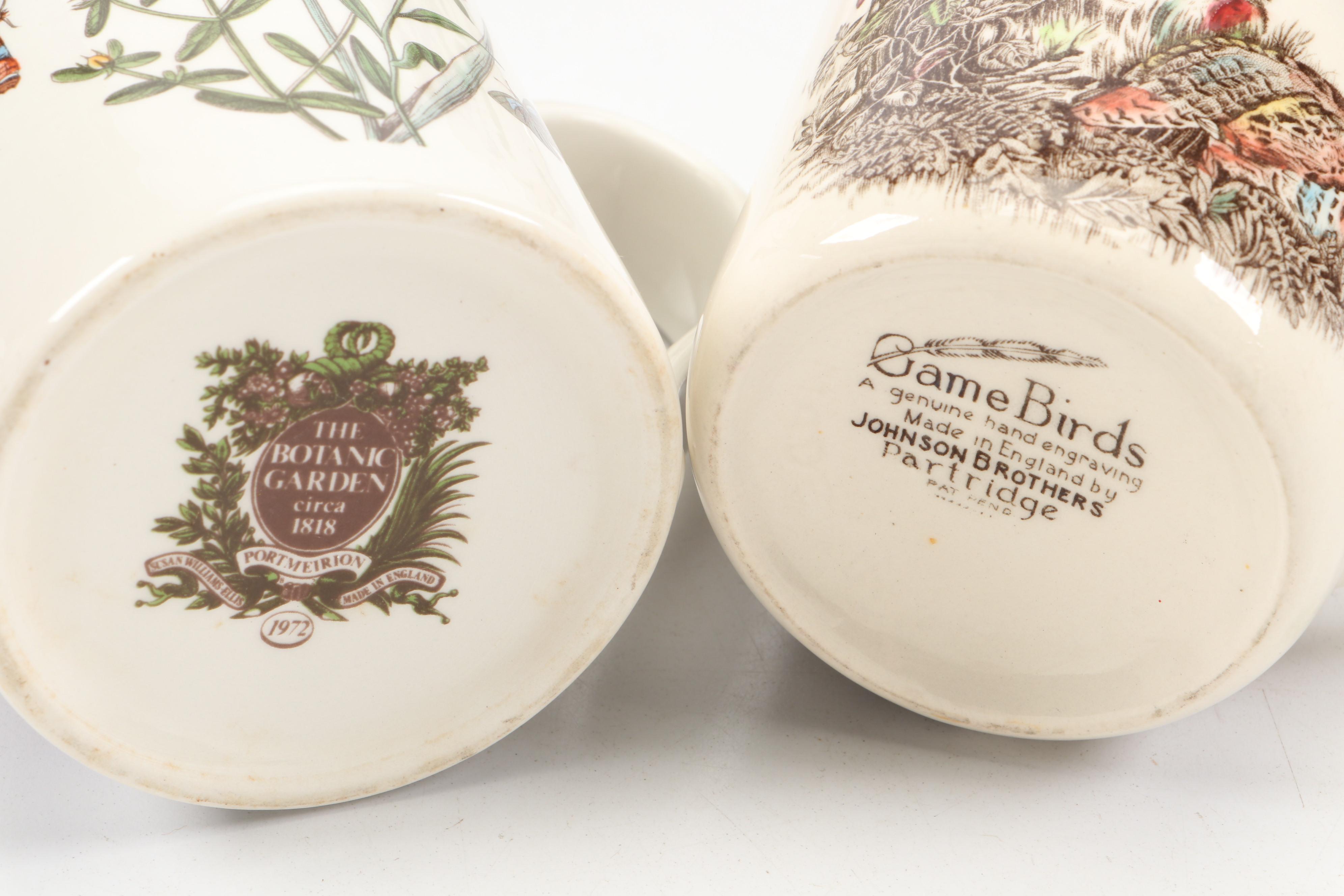 Portmeirion "Botanic Garden" Cups and Saucers with Johnson Bros "Partridge" Mug
