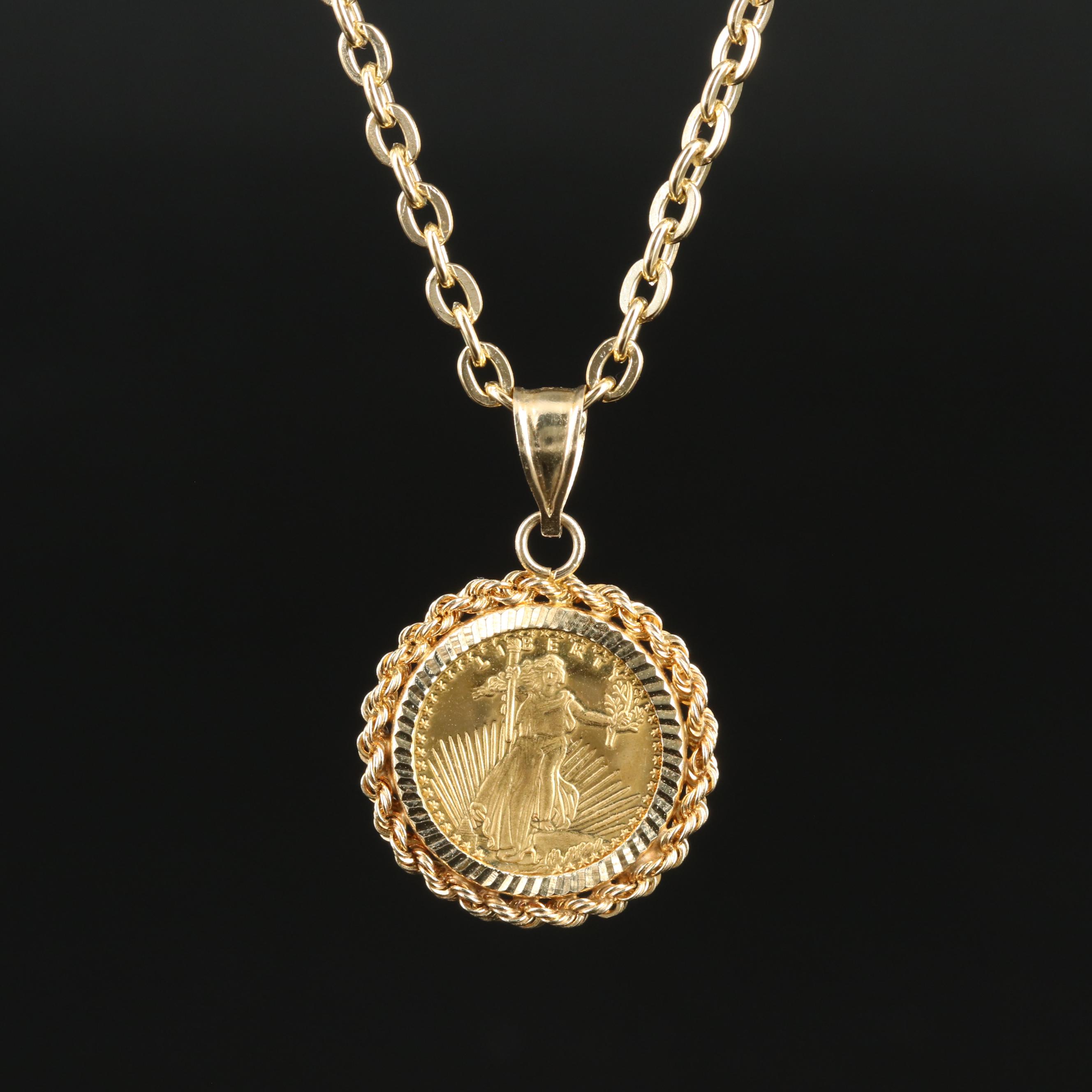 14K Pendant with Replica Gold Eagle Coin on Chain Necklace