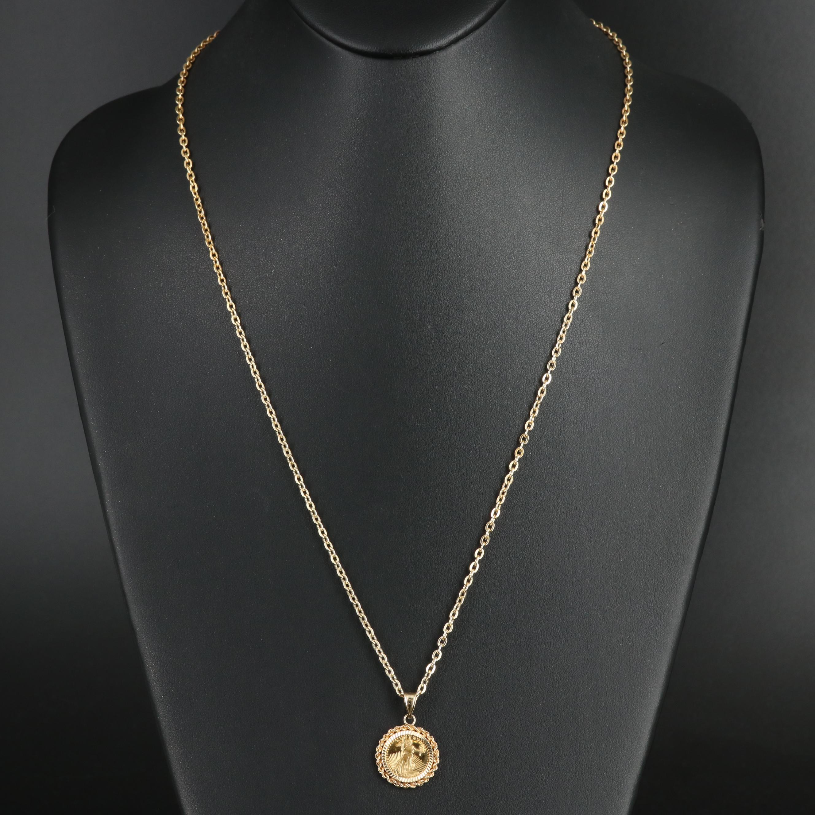 14K Pendant with Replica Gold Eagle Coin on Chain Necklace