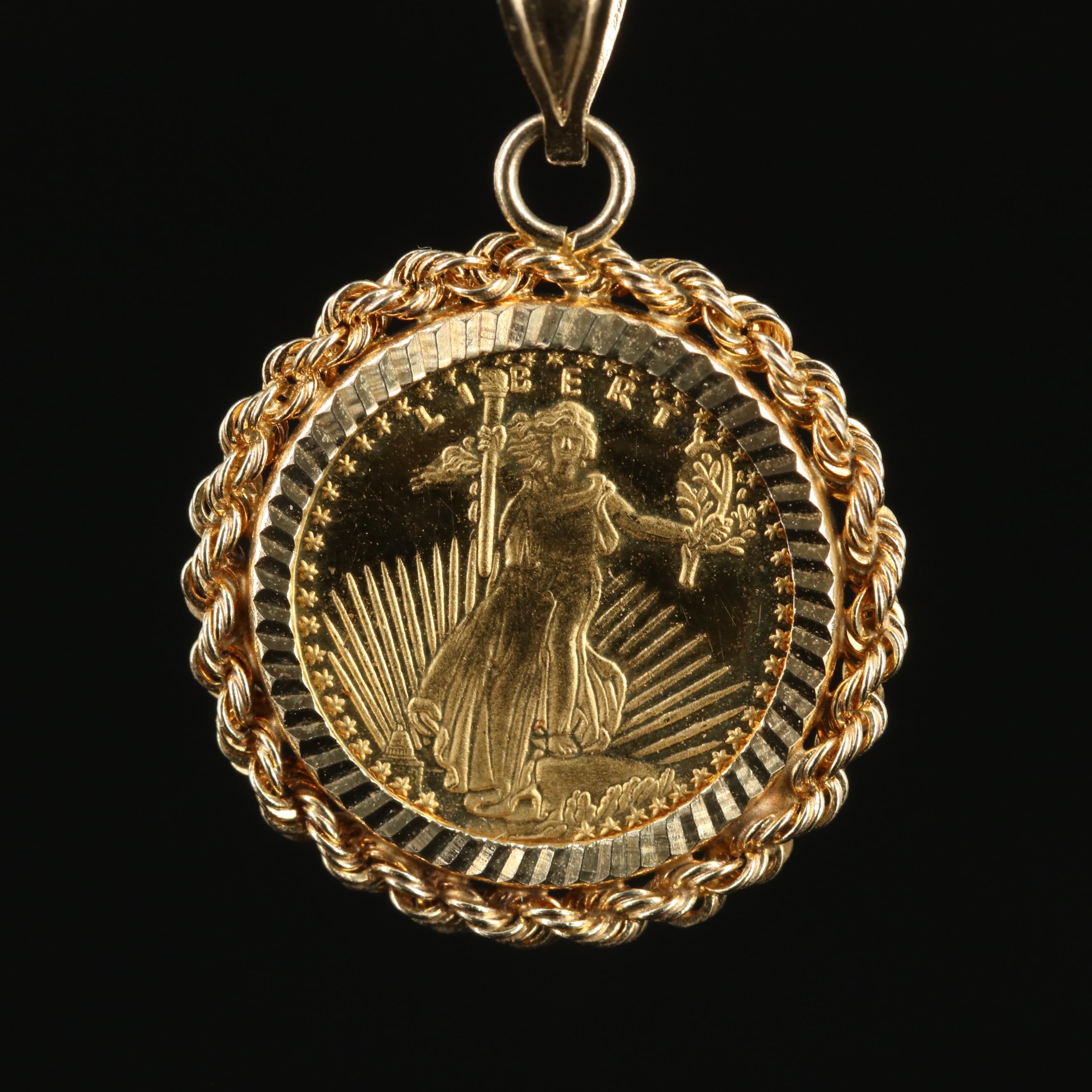 14K Pendant with Replica Gold Eagle Coin on Chain Necklace