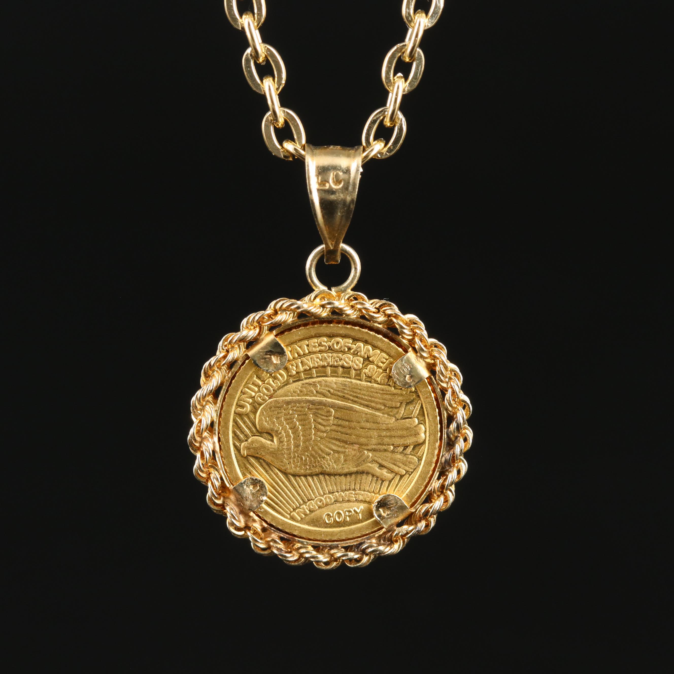 14K Pendant with Replica Gold Eagle Coin on Chain Necklace