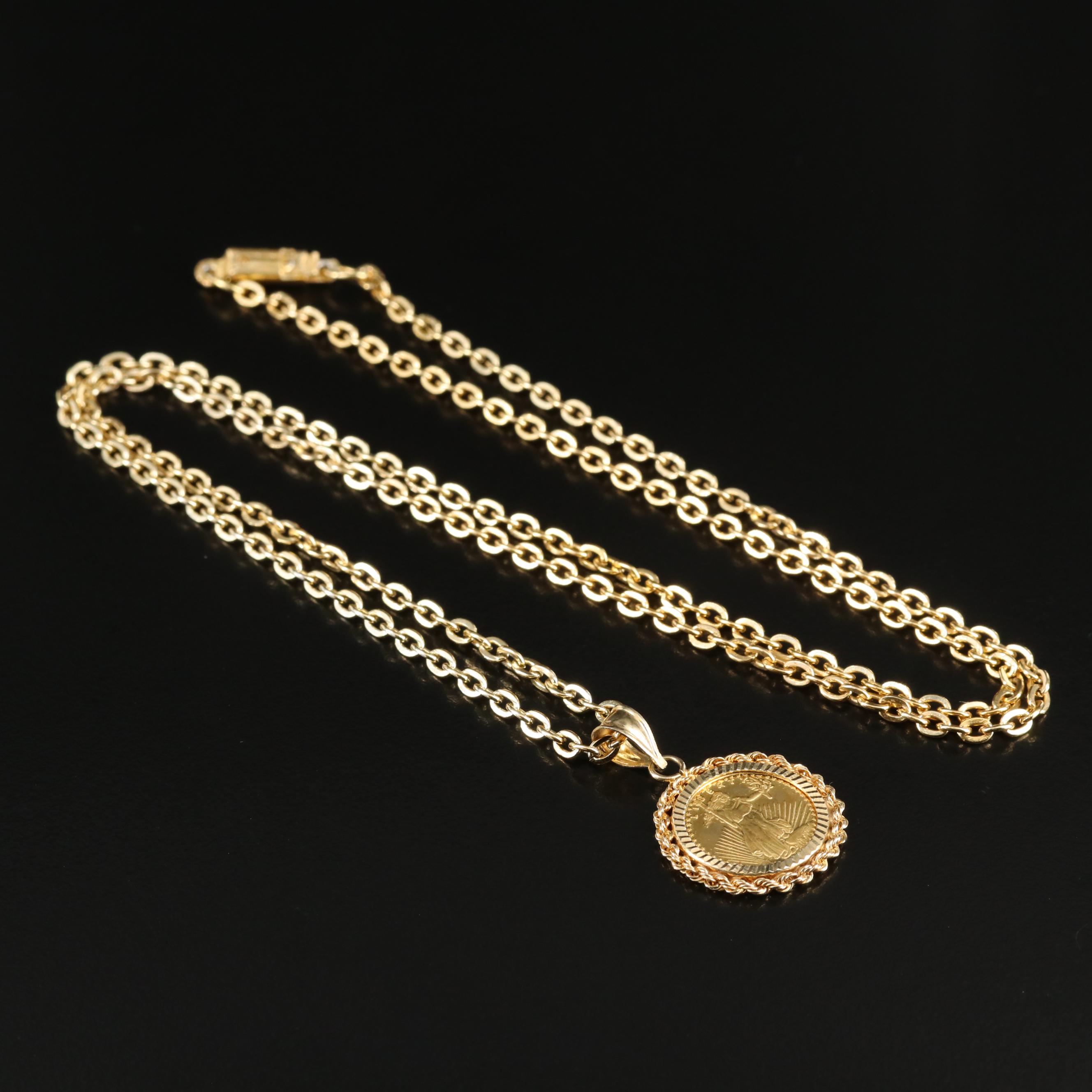 14K Pendant with Replica Gold Eagle Coin on Chain Necklace