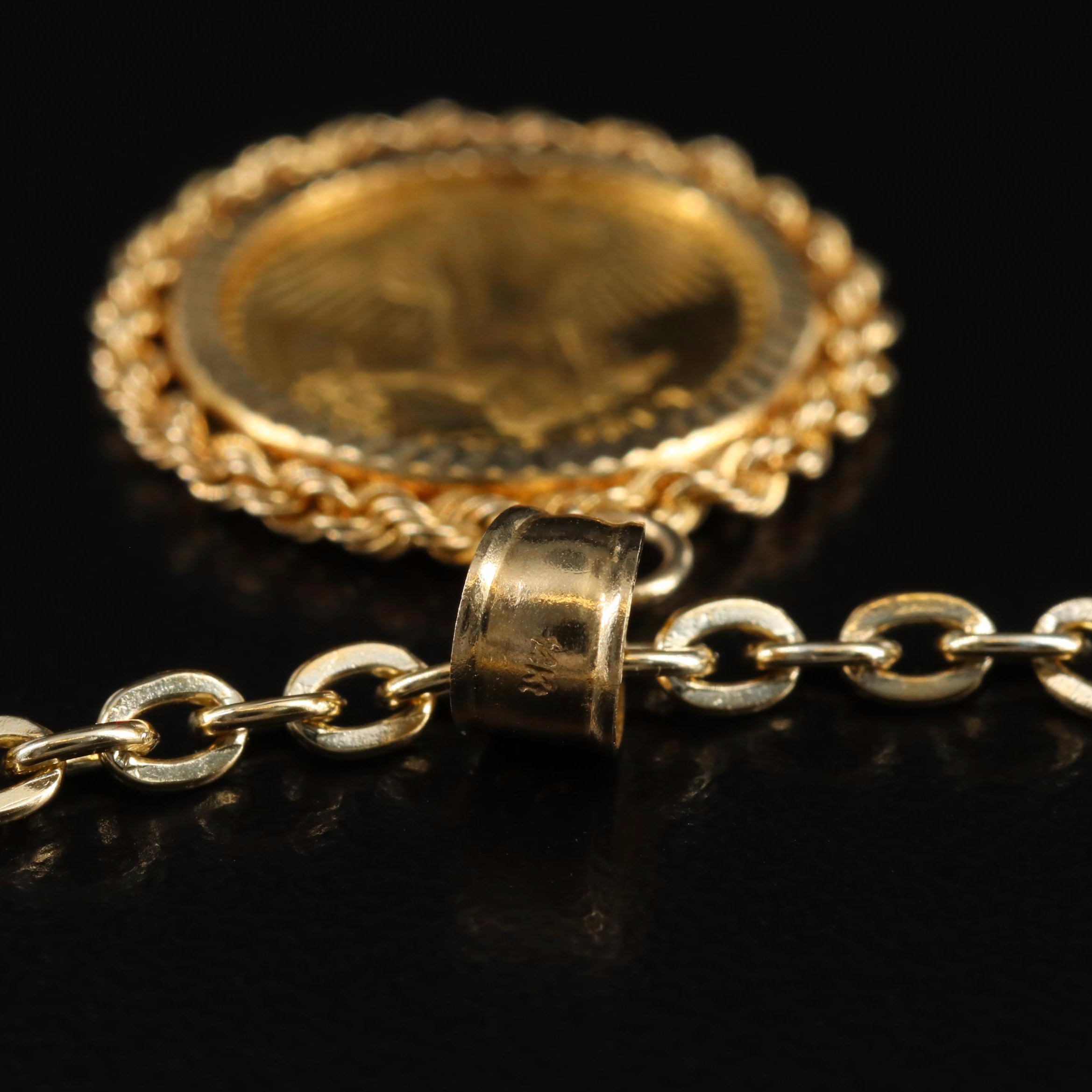 14K Pendant with Replica Gold Eagle Coin on Chain Necklace