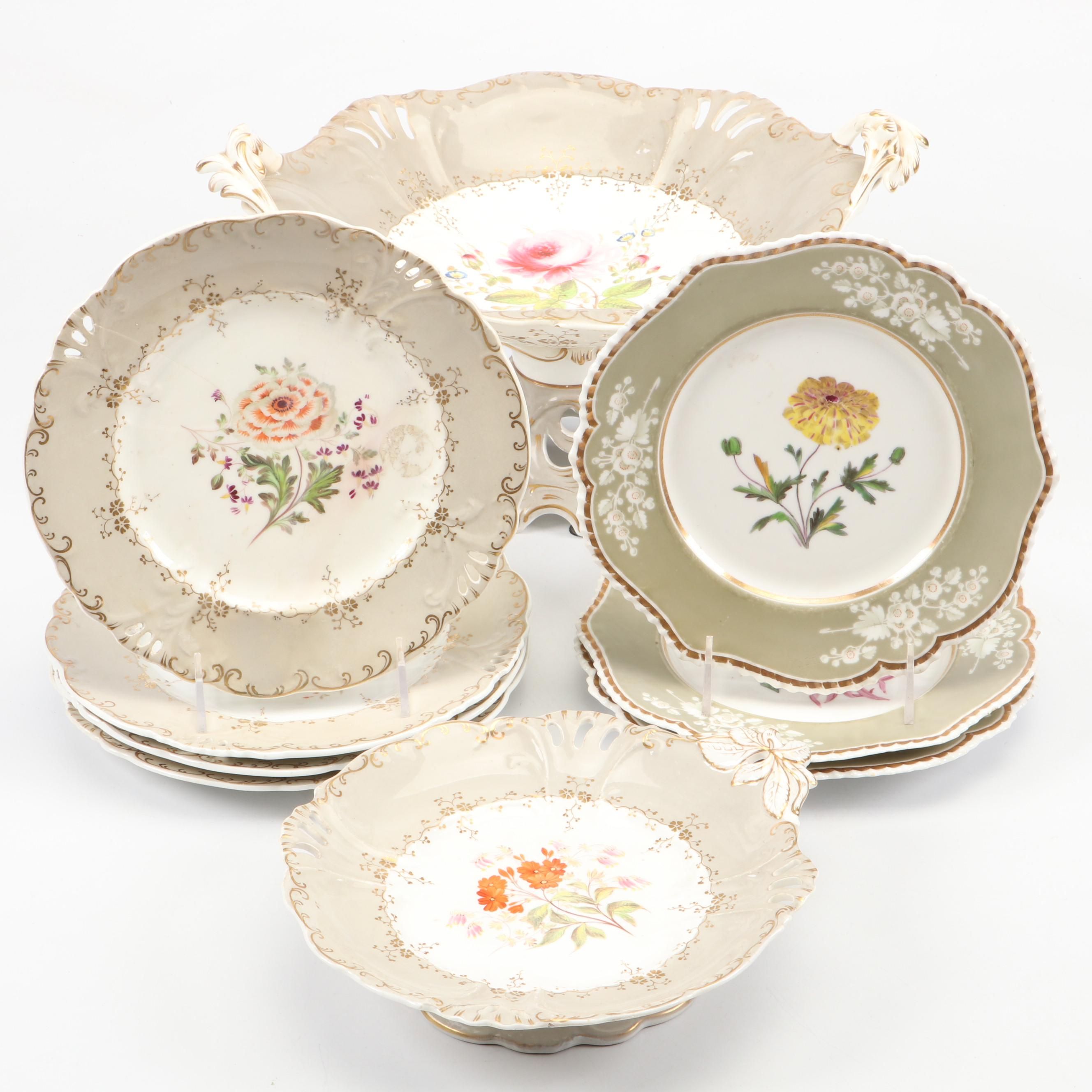 English Porcelain Botanical Dessert Service, Early to Mid-19th Century