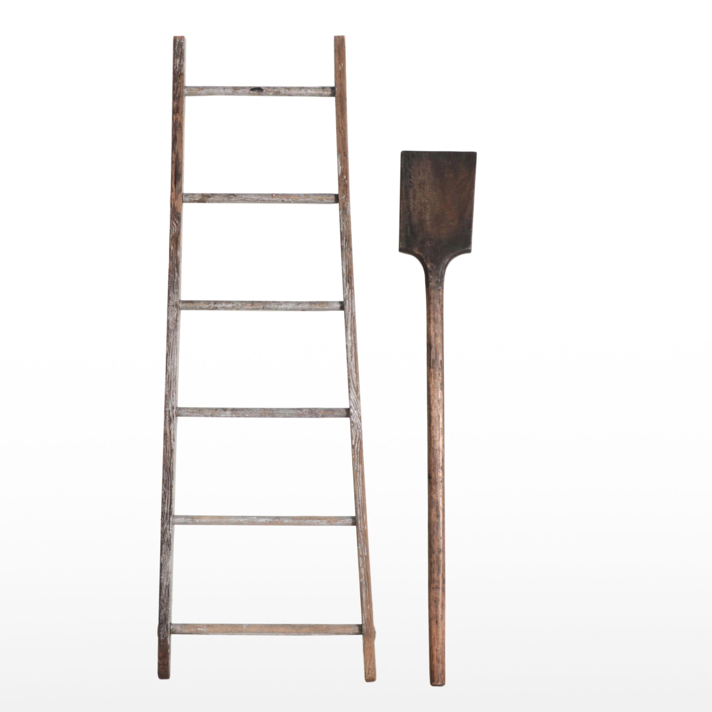 Primitive Wooden Ladder and Paddle with Wall Mounts