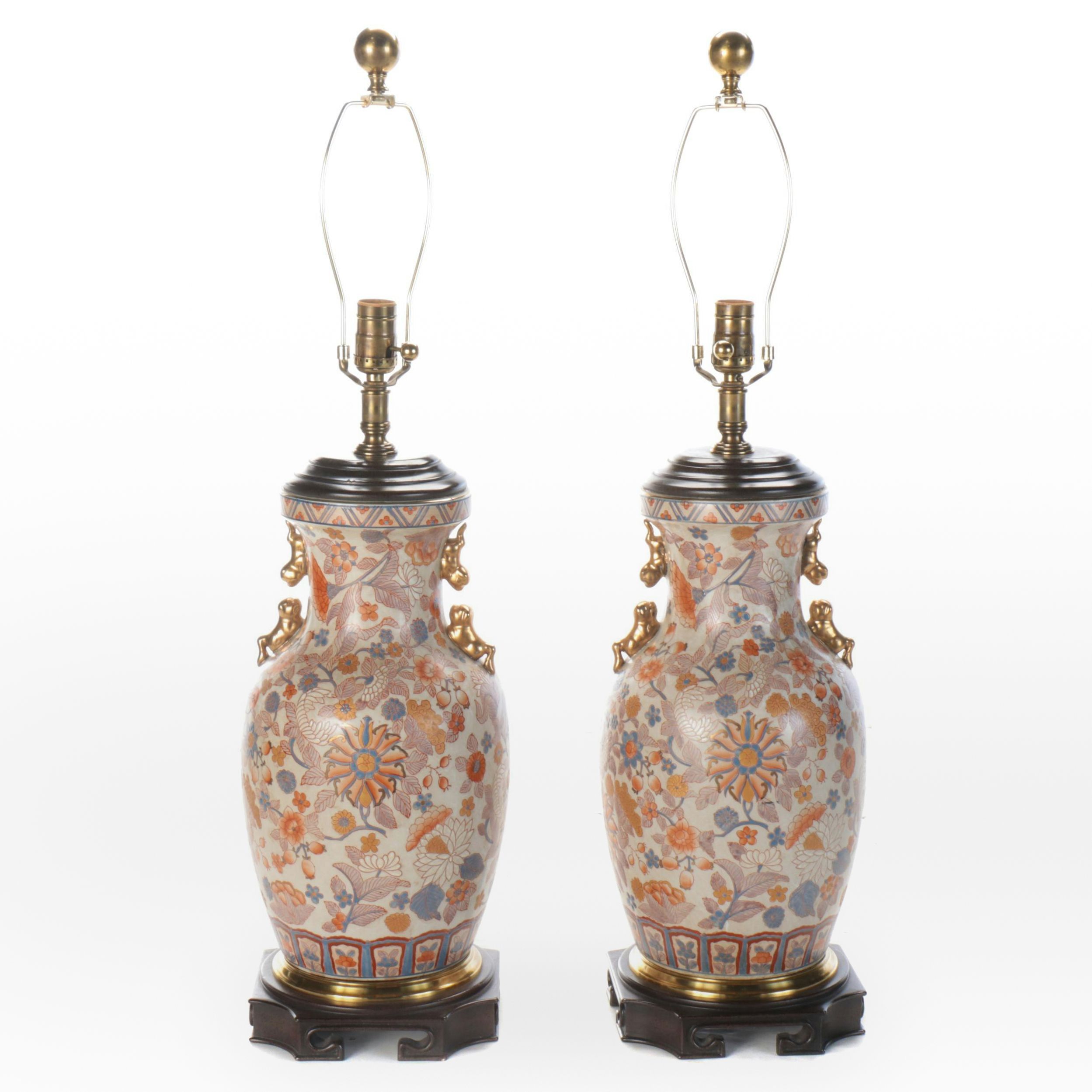 Chinese Gilt Hand-Enameled Ceramic and Metal Table Lamp Pair