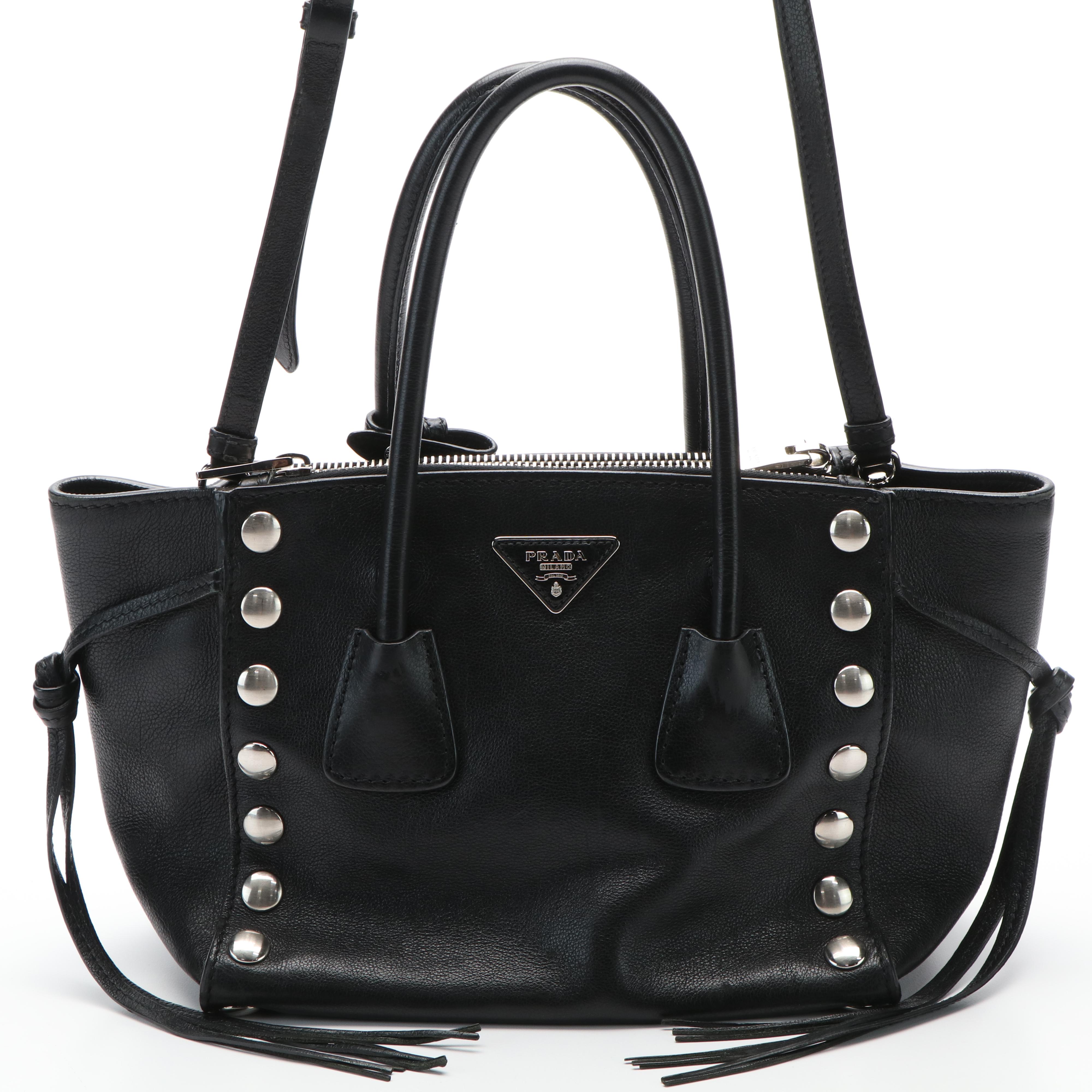 Prada Twin Pocket Shoulder Tote in Studded Glacé Calfskin Leather