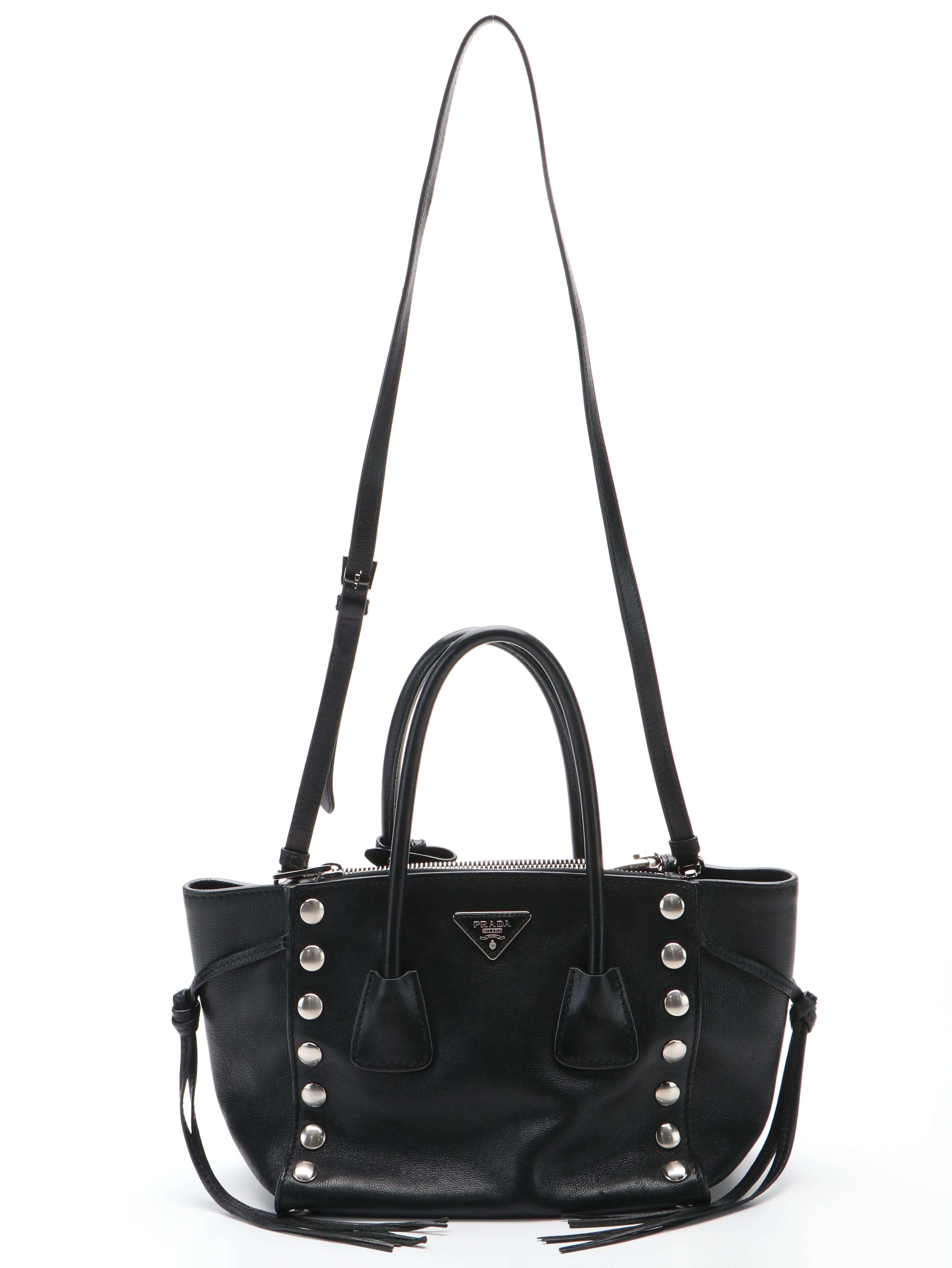 Prada Twin Pocket Shoulder Tote in Studded Glacé Calfskin Leather