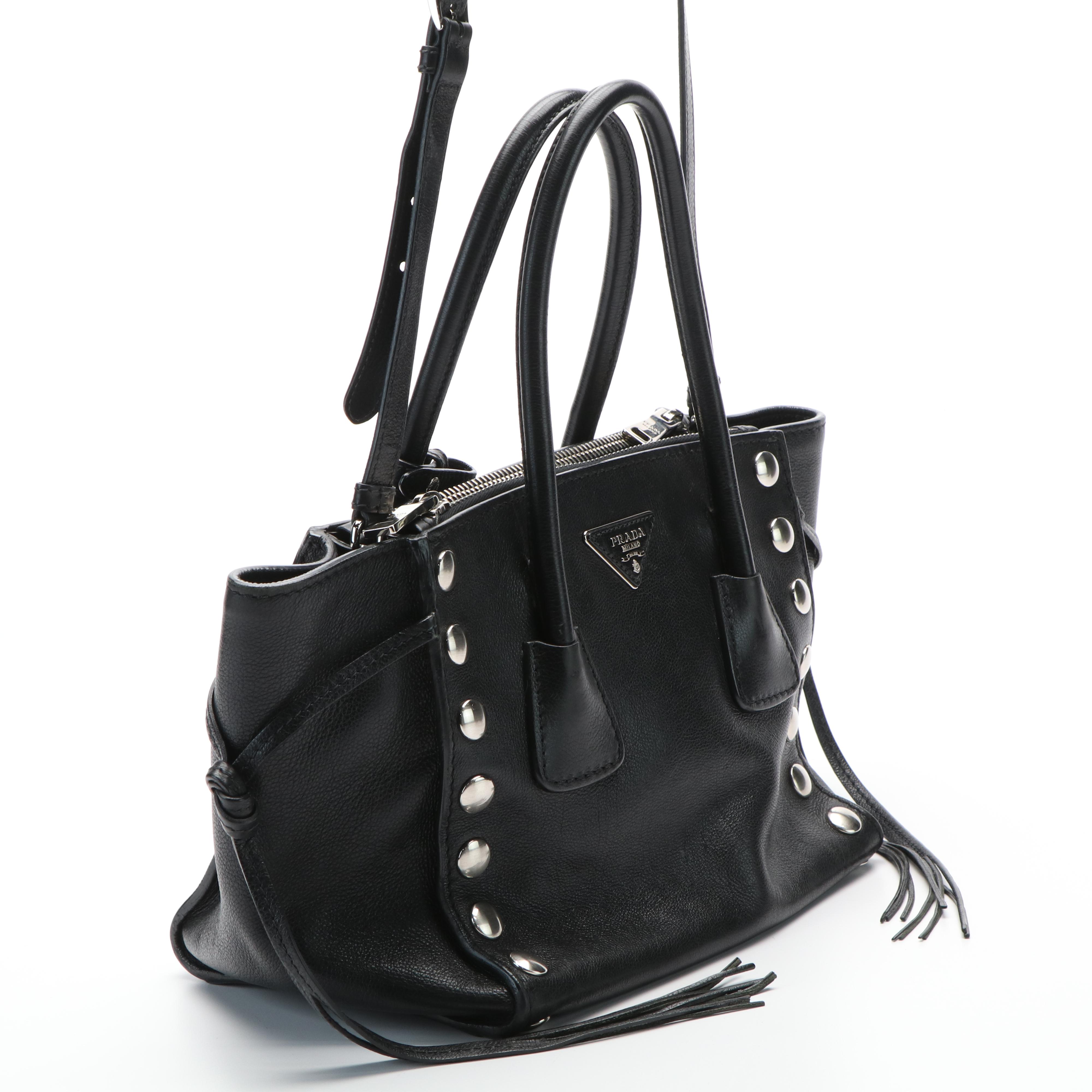 Prada Twin Pocket Shoulder Tote in Studded Glacé Calfskin Leather