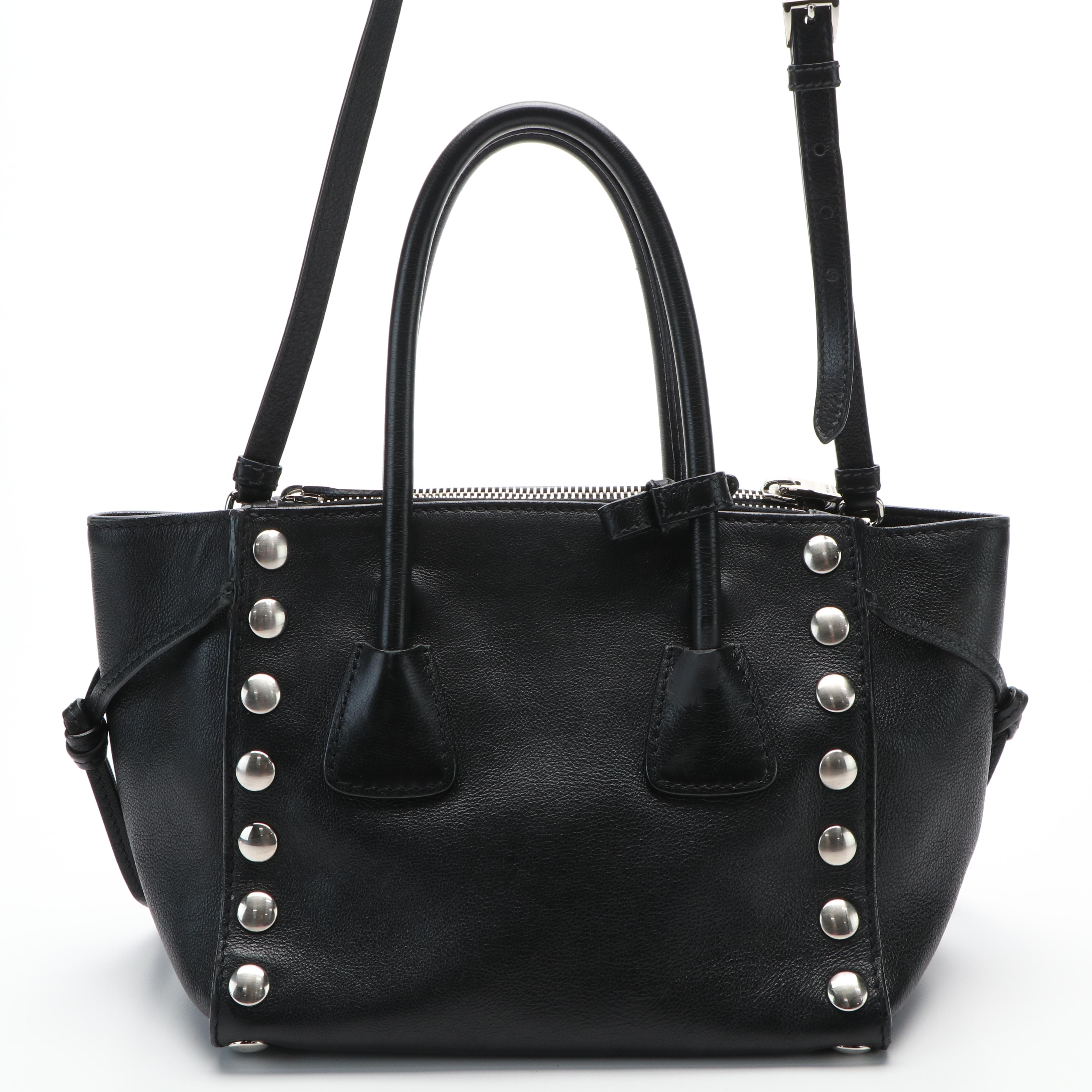 Prada Twin Pocket Shoulder Tote in Studded Glacé Calfskin Leather