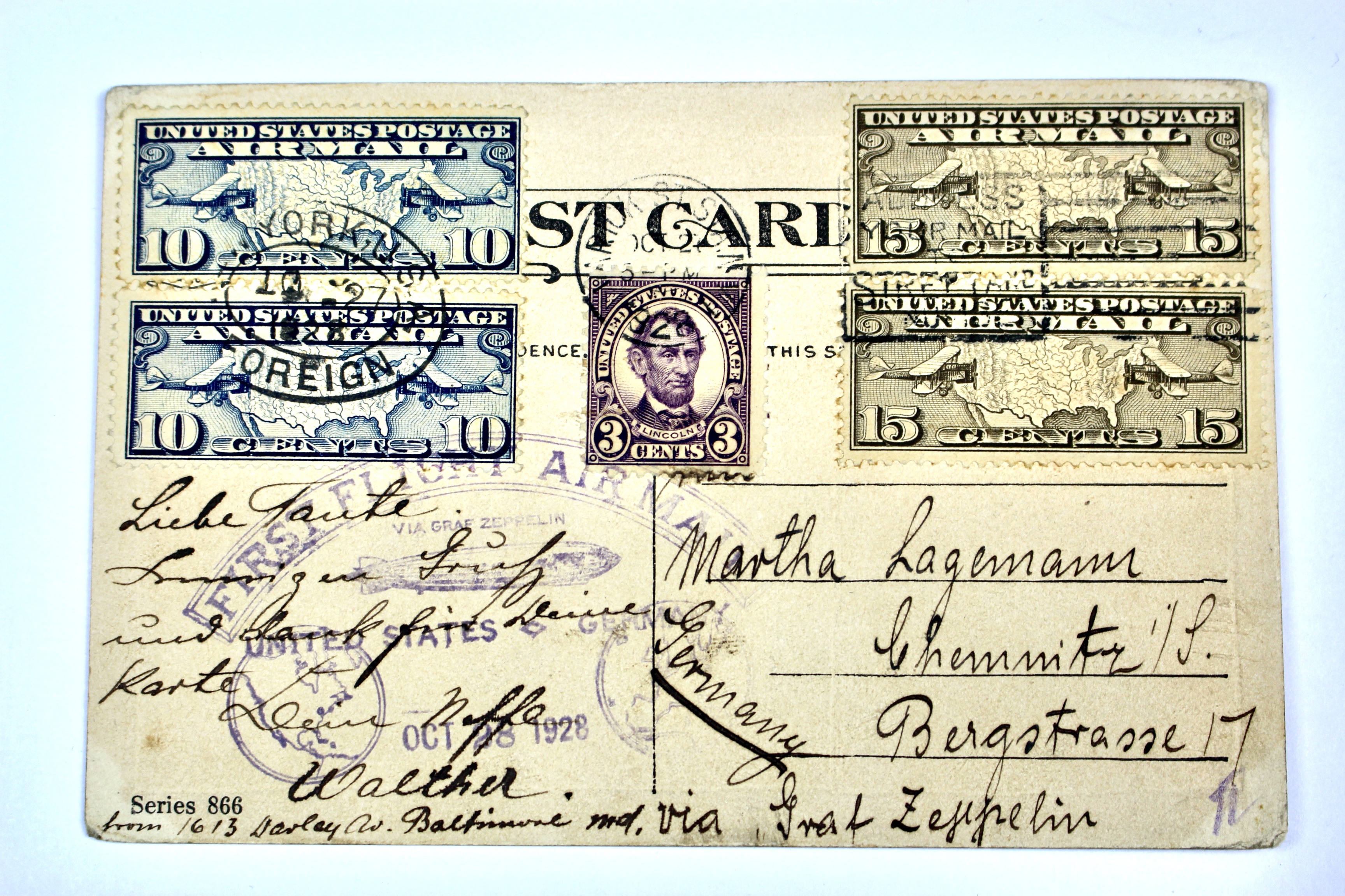 1928 Graf Zeppelin Postcard, Baltimore to Germany