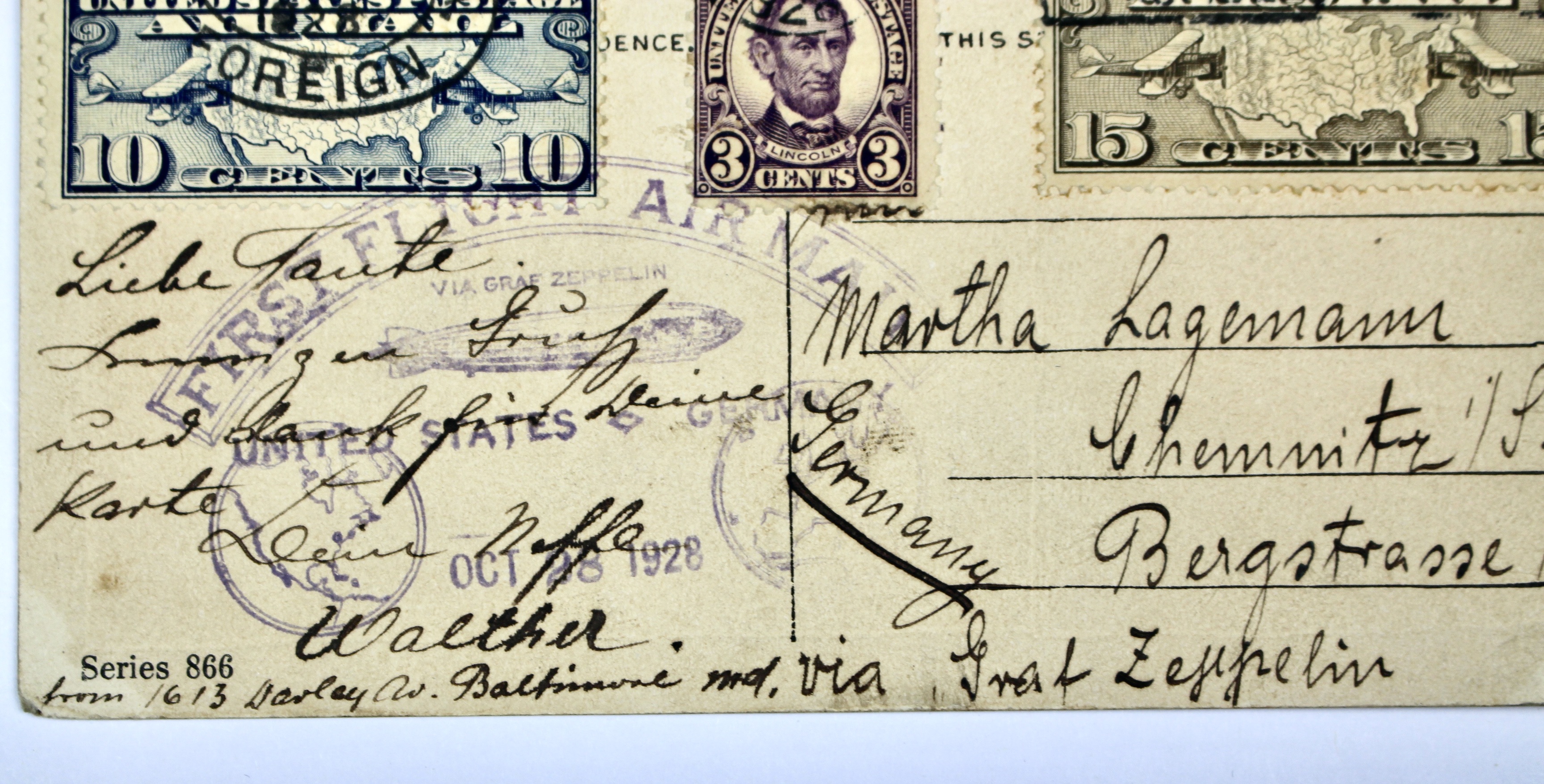 1928 Graf Zeppelin Postcard, Baltimore to Germany