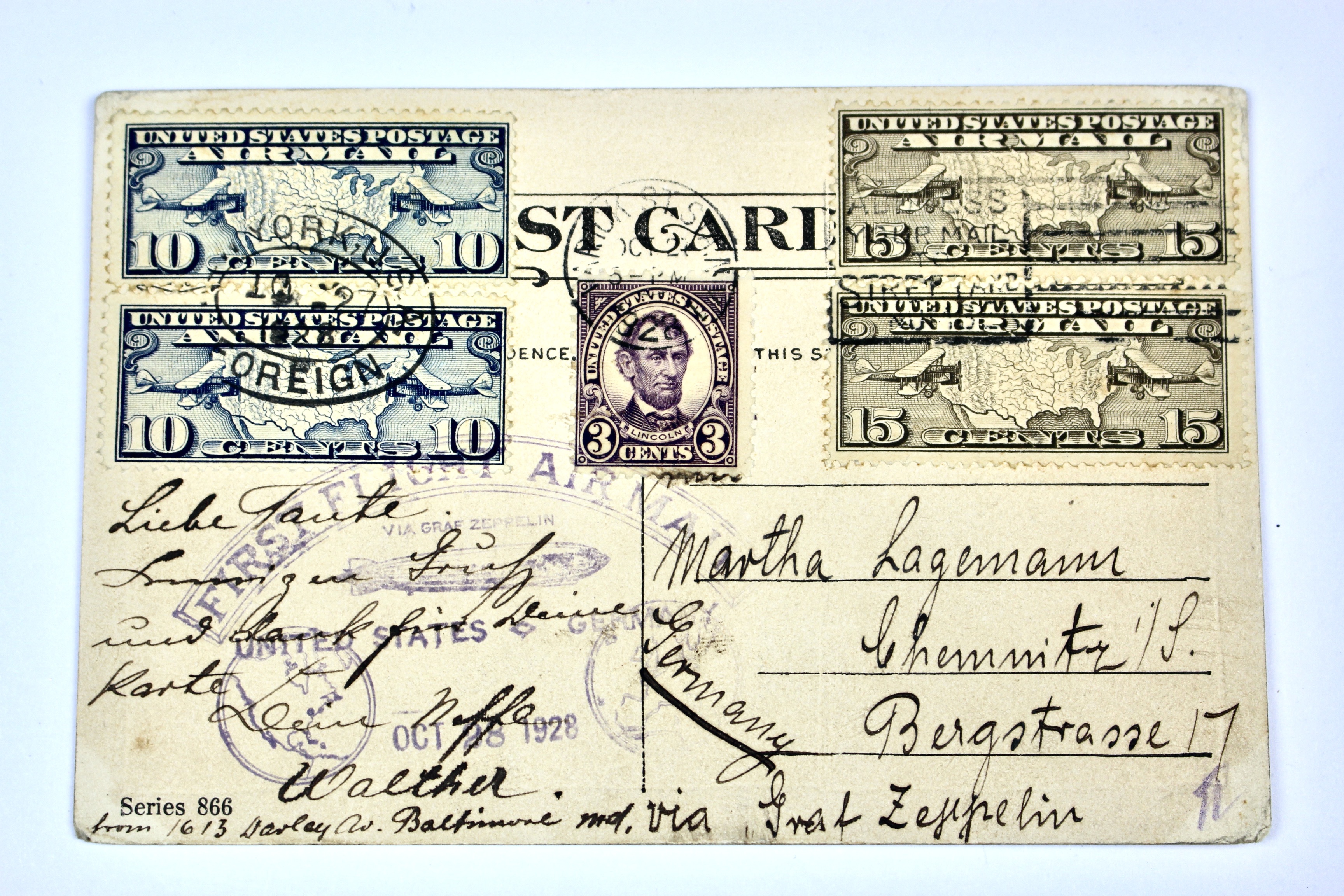 1928 Graf Zeppelin Postcard, Baltimore to Germany