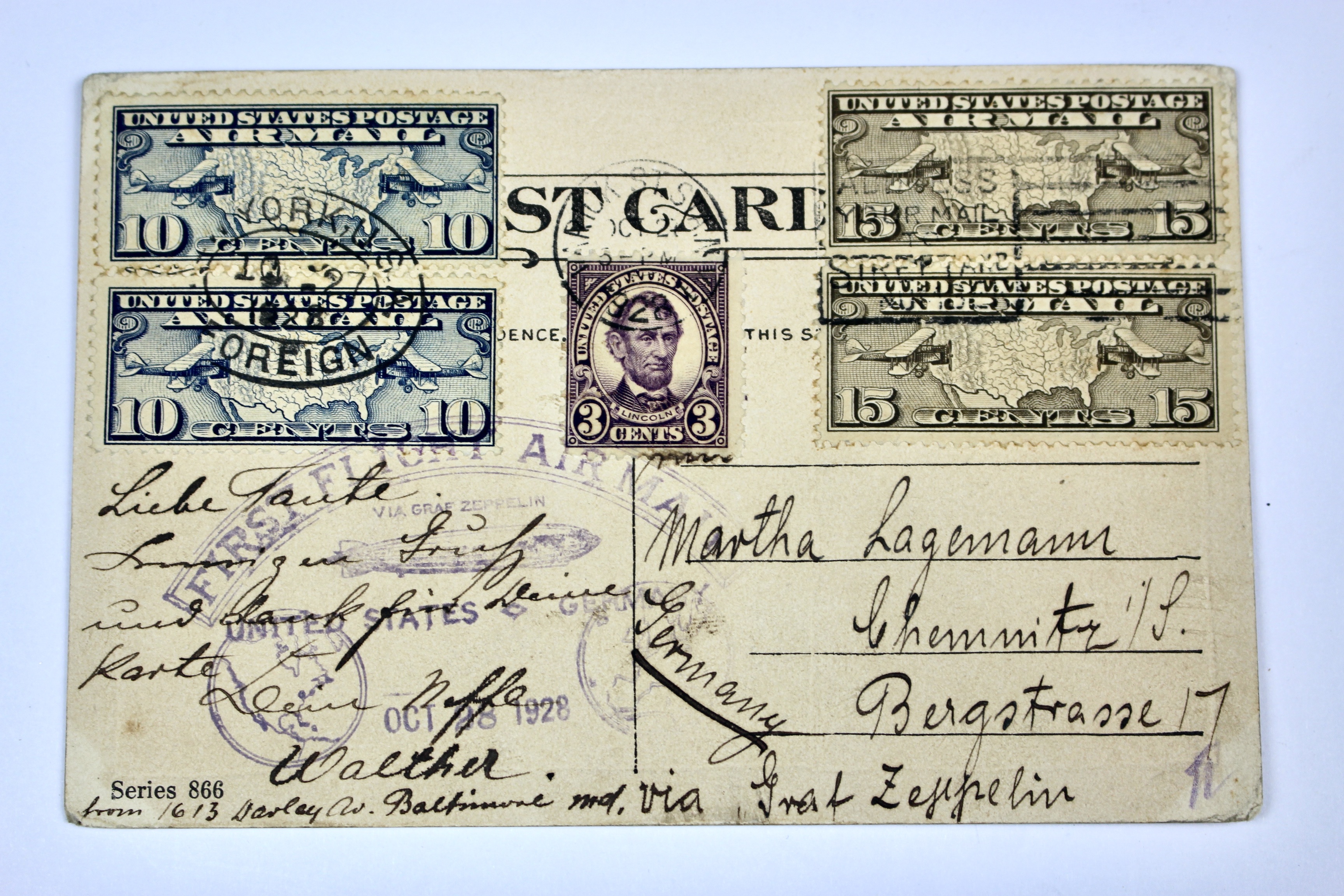 1928 Graf Zeppelin Postcard, Baltimore to Germany