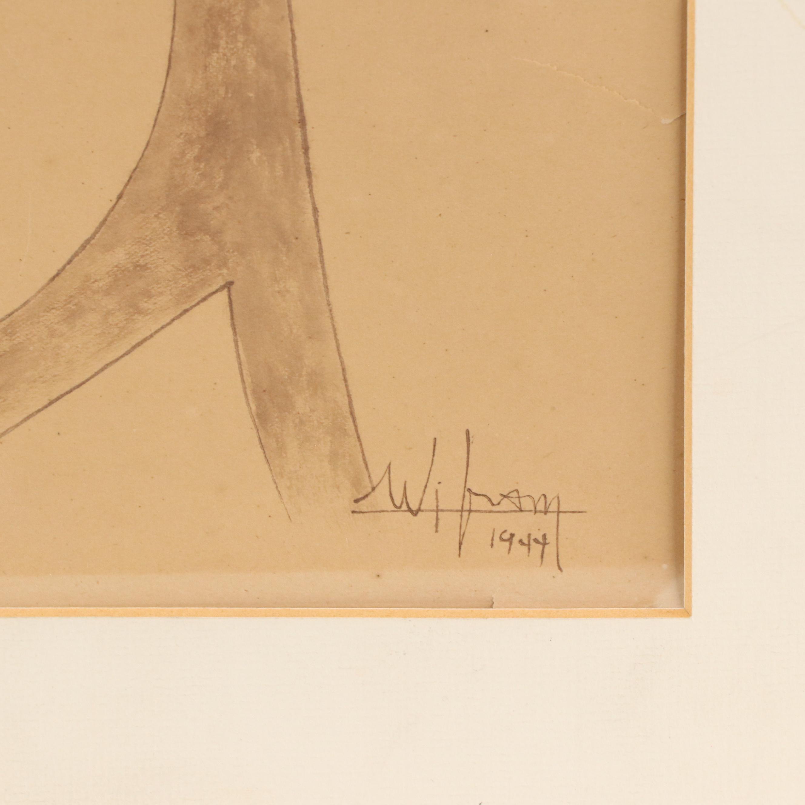 Wifredo Lam Ink Drawing "Woman Seated," 1944