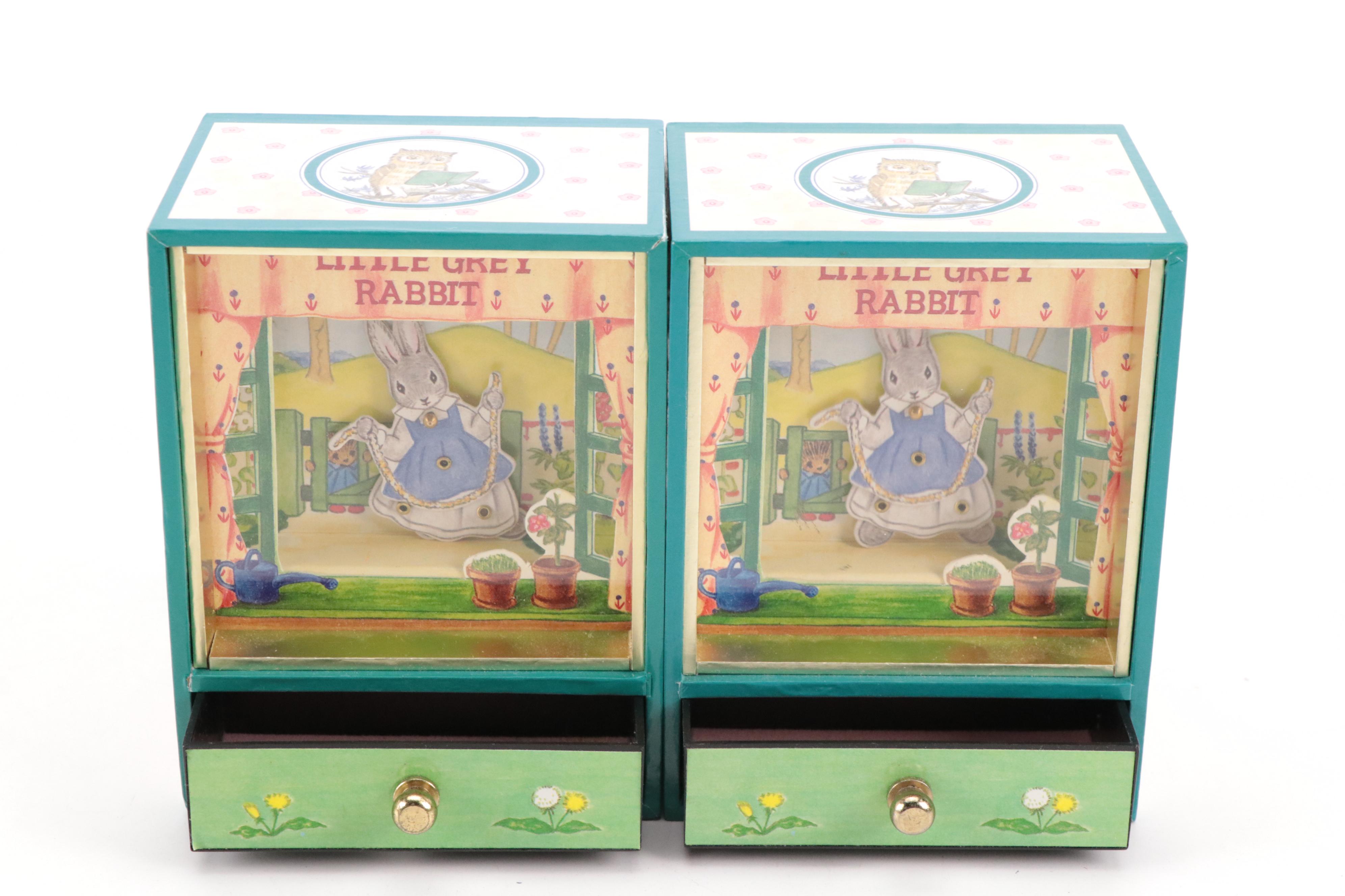 Japanese Sankyo Shoji "Little Grey Rabbit" Music Boxes with Cork Placemat