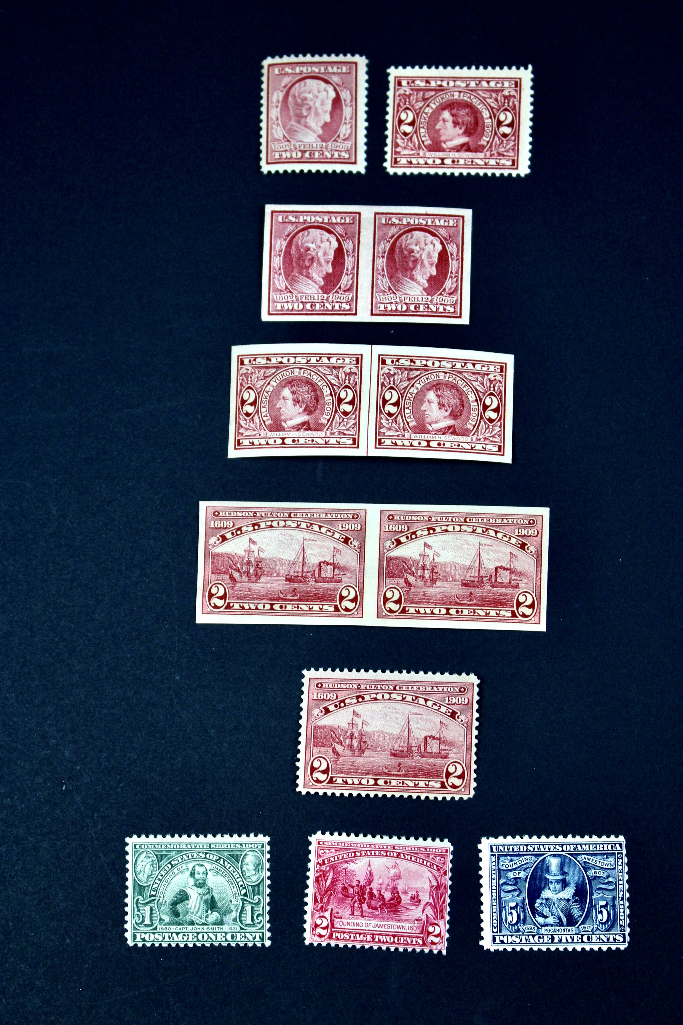 Twelve Early U.S. Postage Stamps, 1907 to 1909