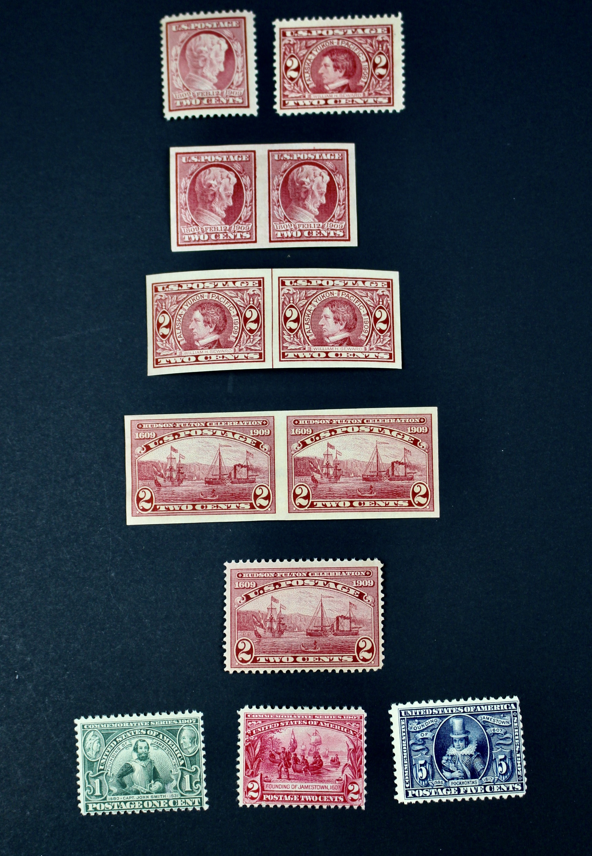 Twelve Early U.S. Postage Stamps, 1907 to 1909