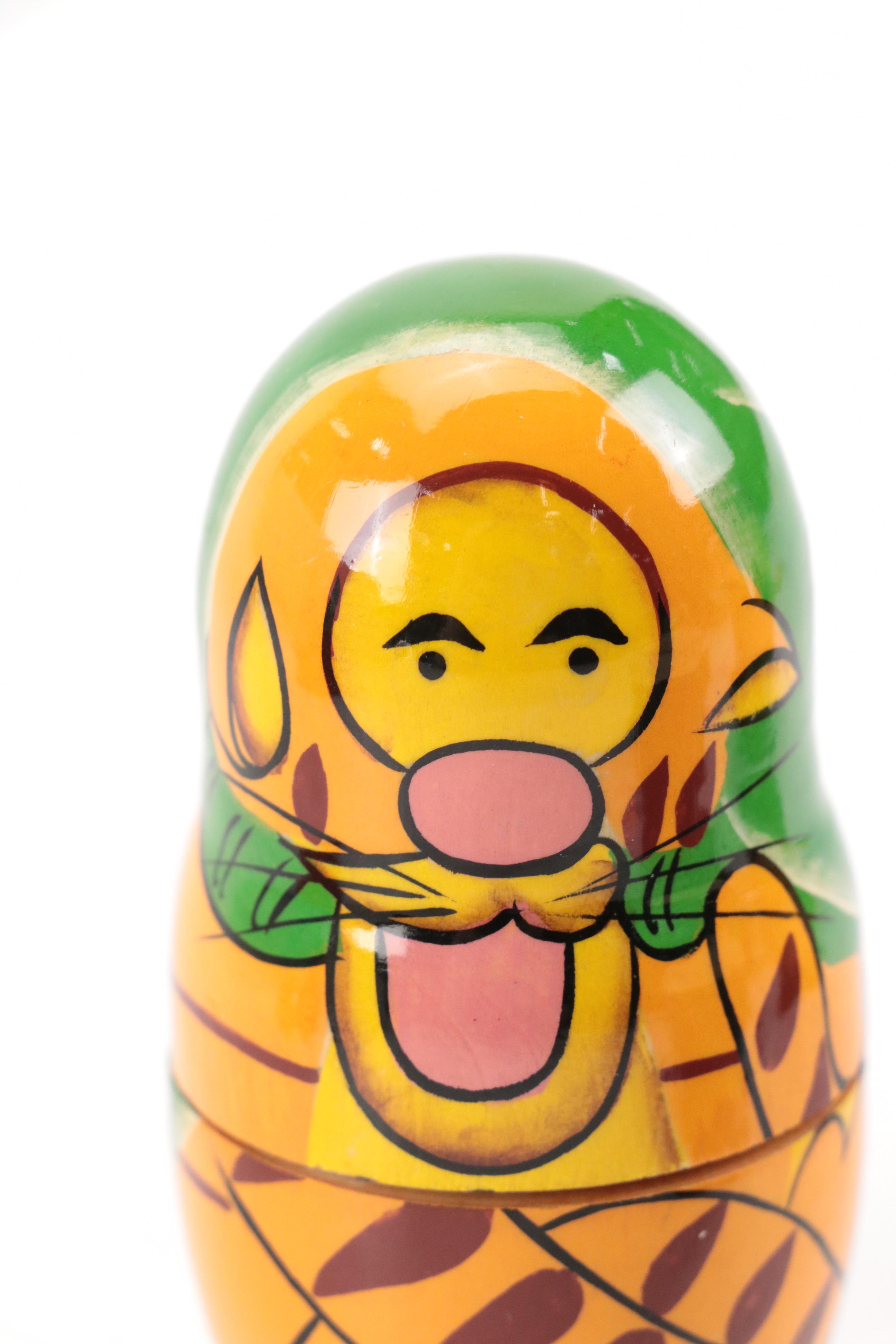 Winnie-the-Pooh Hand-Painted Russian Wooden Nesting Dolls and Disney Snow Globe