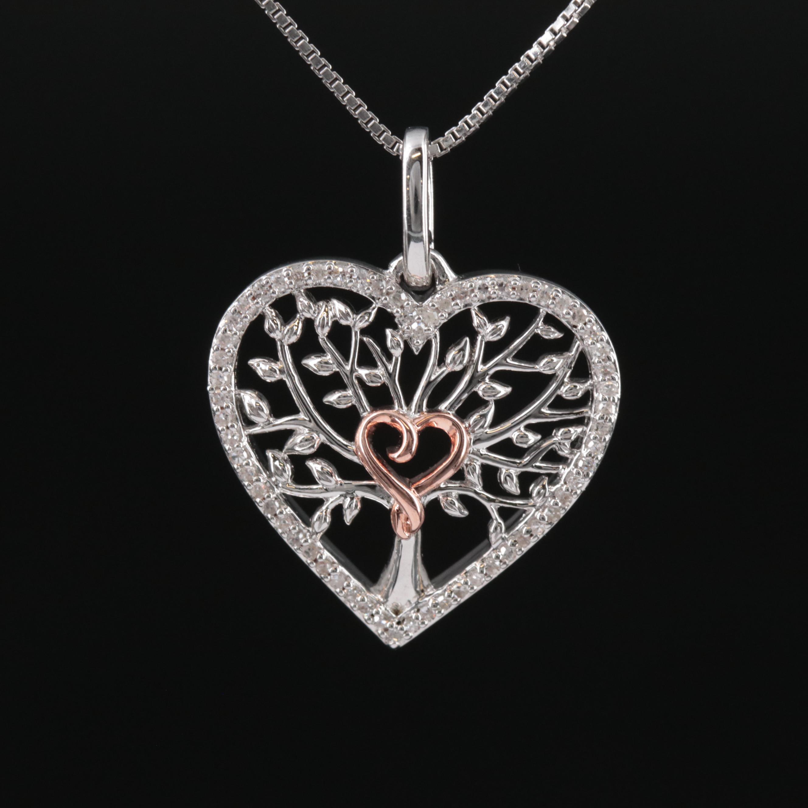Sterling Diamond Tree of Life and Heart Necklace