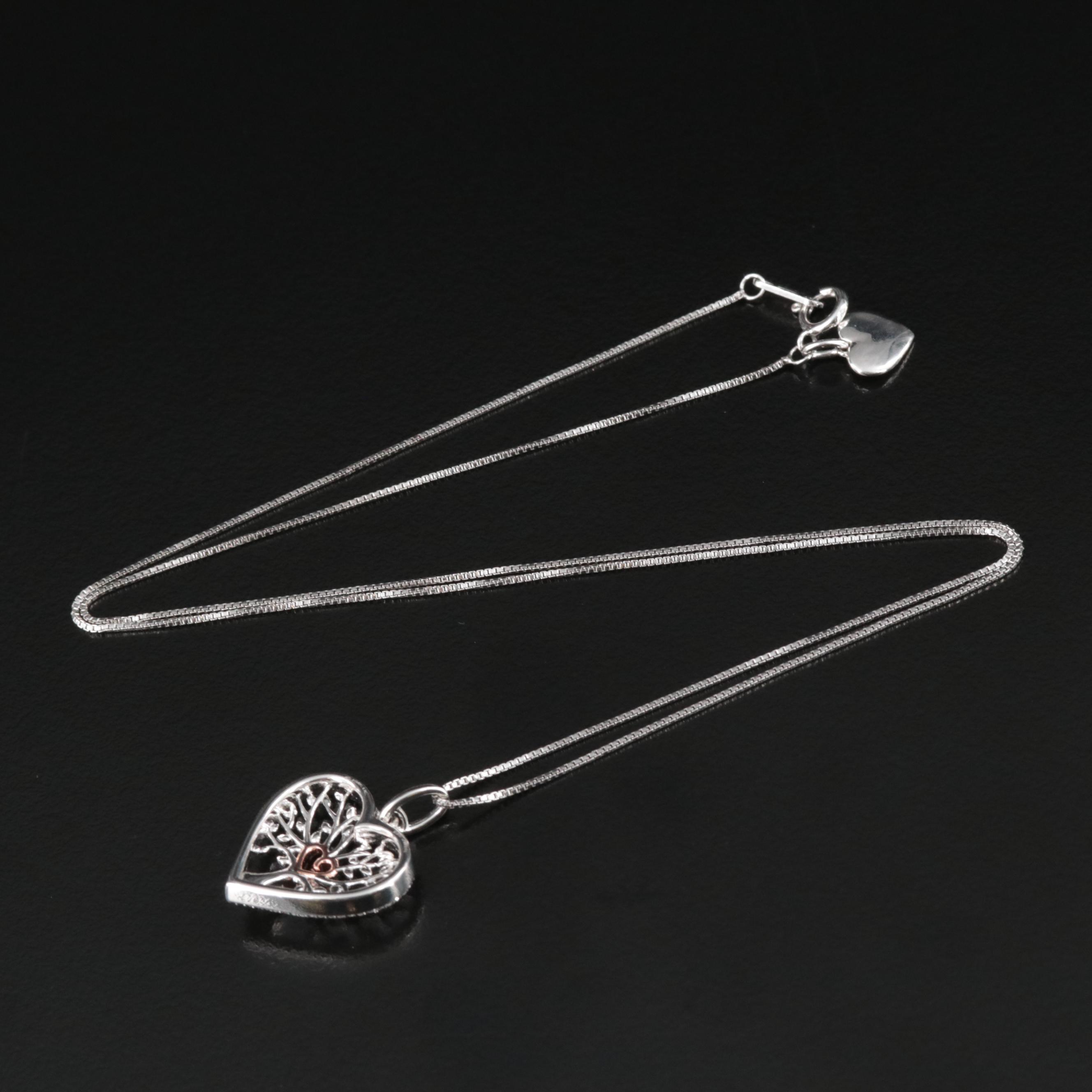 Sterling Diamond Tree of Life and Heart Necklace