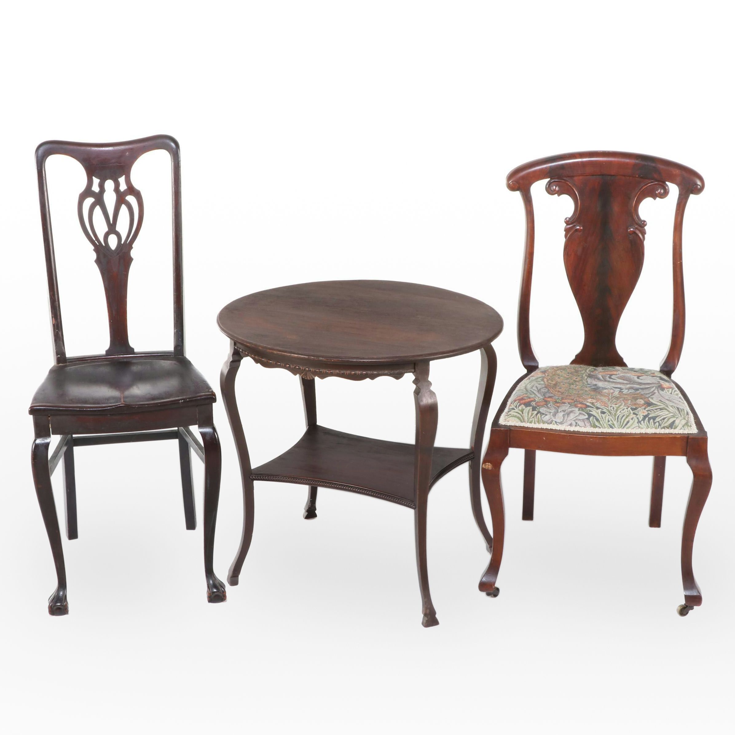 Two American Colonial Revival Mahogany Side Chairs with Side Table