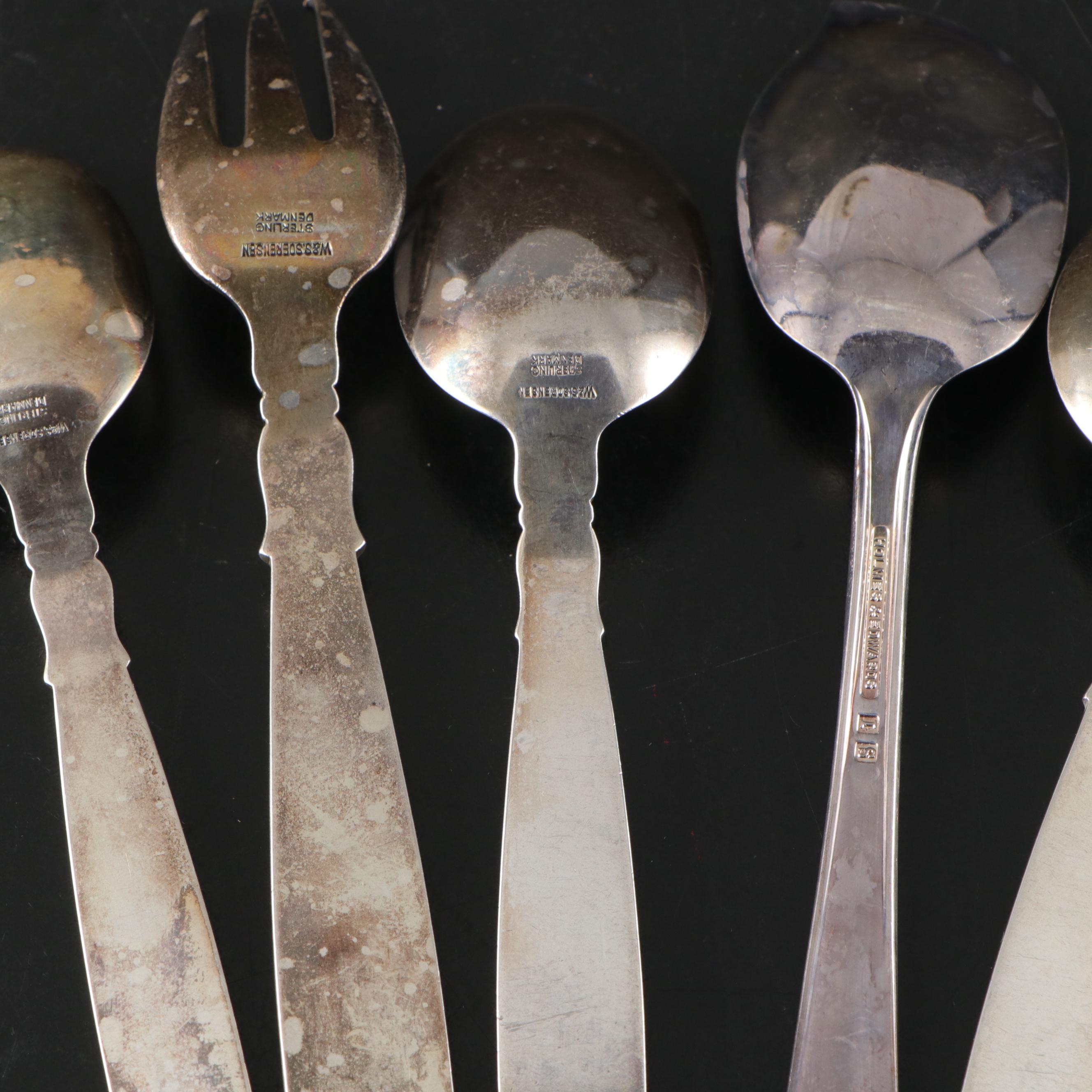 Danish Sorensen "Lotus" Sterling Utensils and Silver Plate Flatware