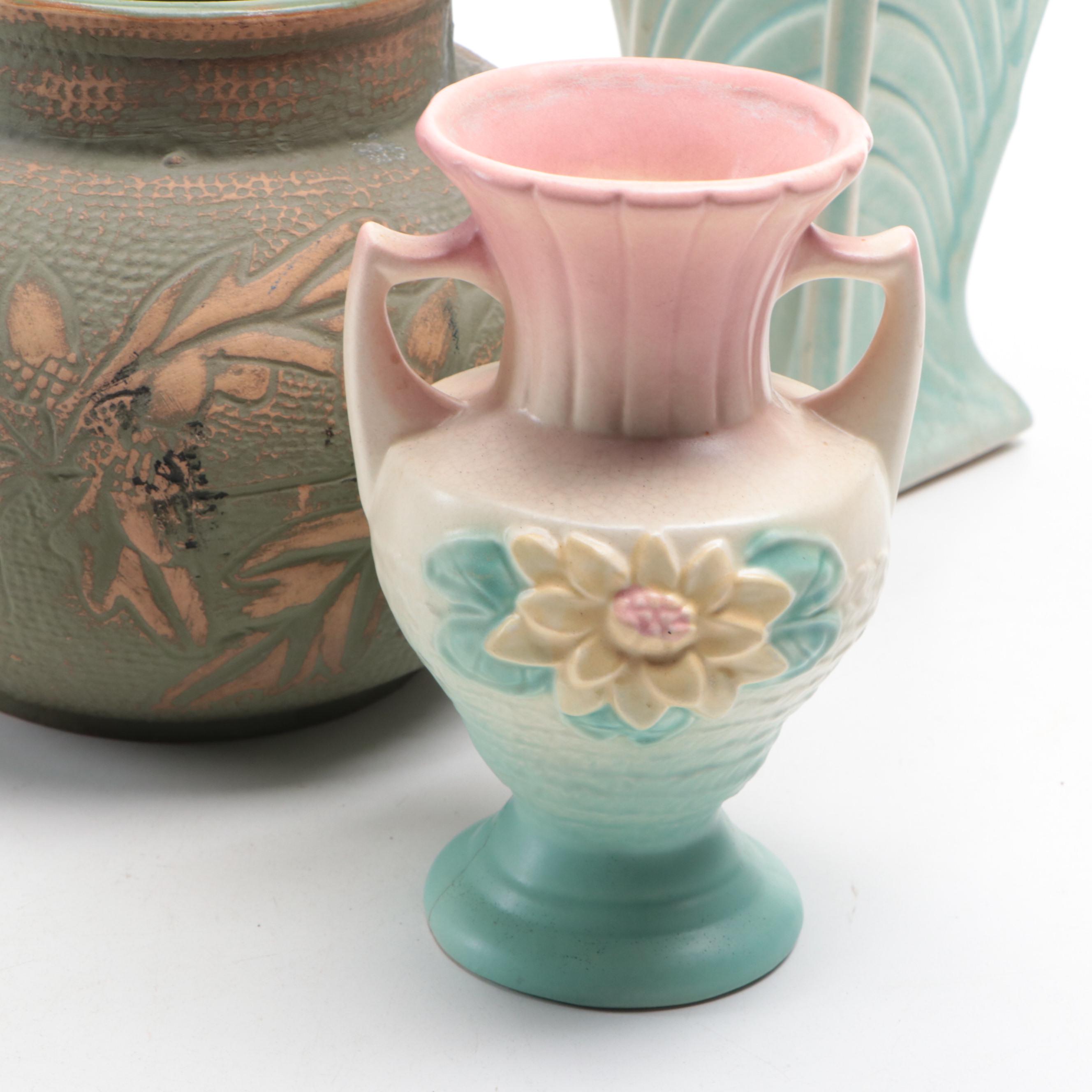 McCoy Pink and Blue Glaze Vases with Red Wing Pottery Stoneware Planter