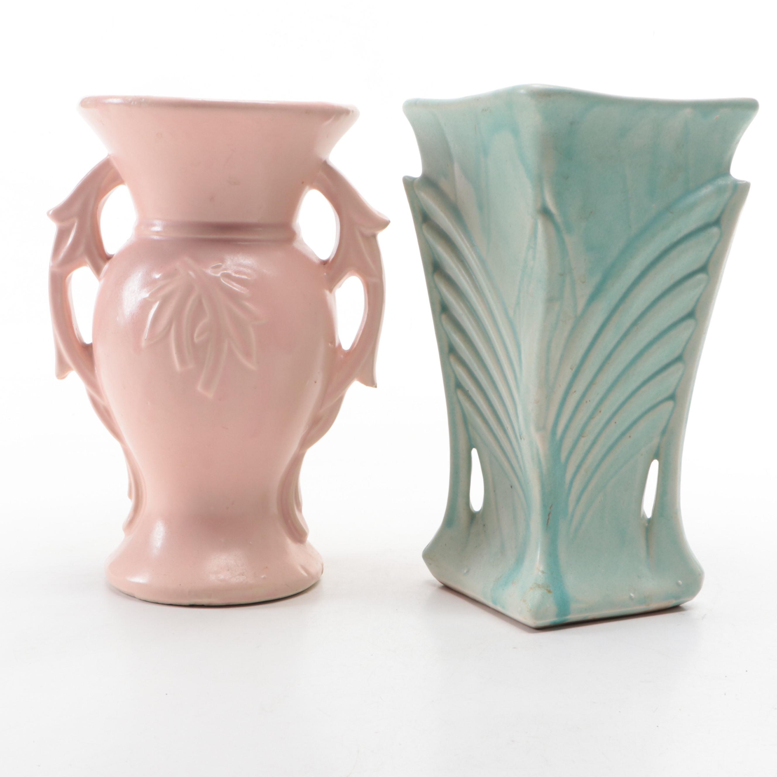 McCoy Pink and Blue Glaze Vases with Red Wing Pottery Stoneware Planter