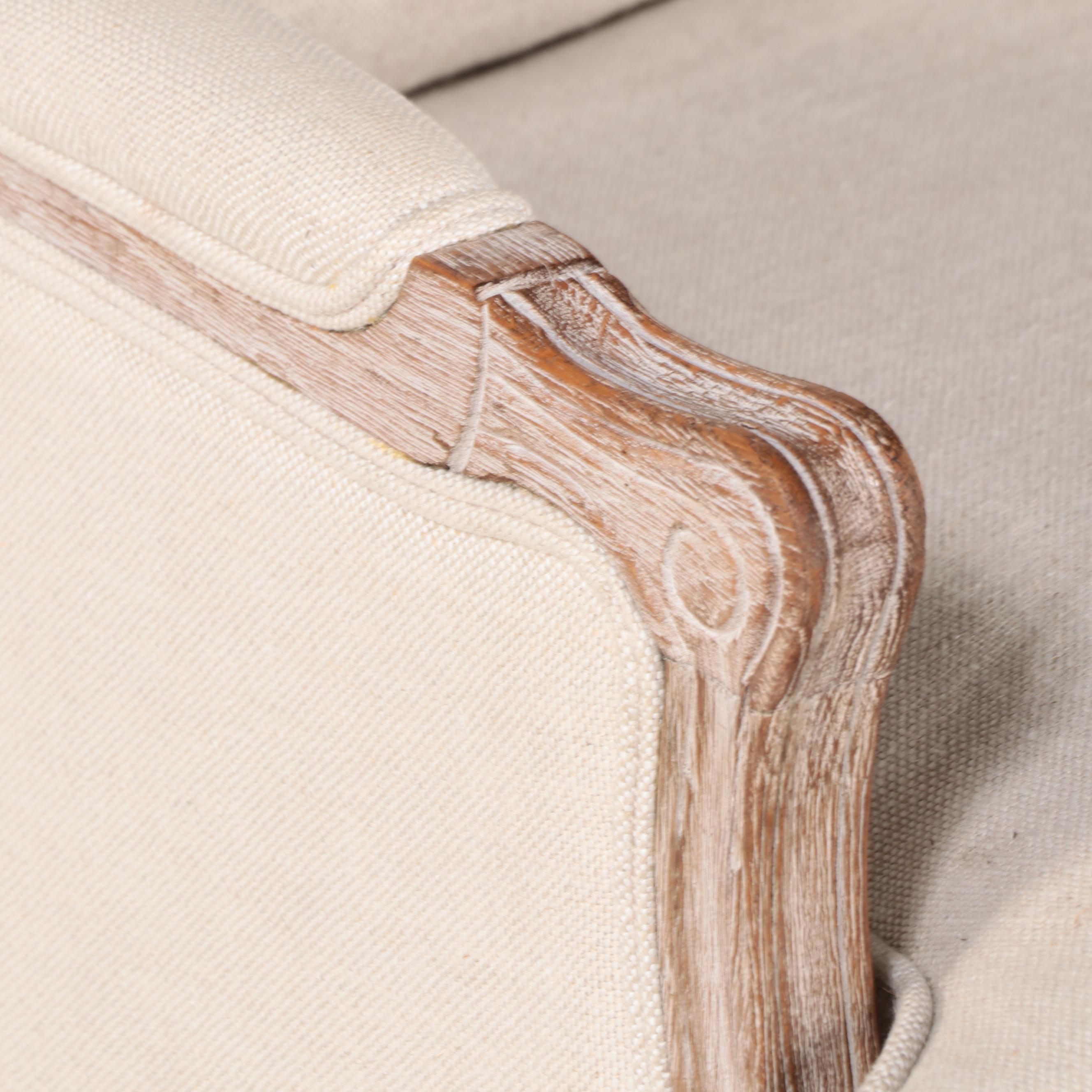 Pair of Restoration Hardware Louis XV Style Cerused Oak and Linen Bergères