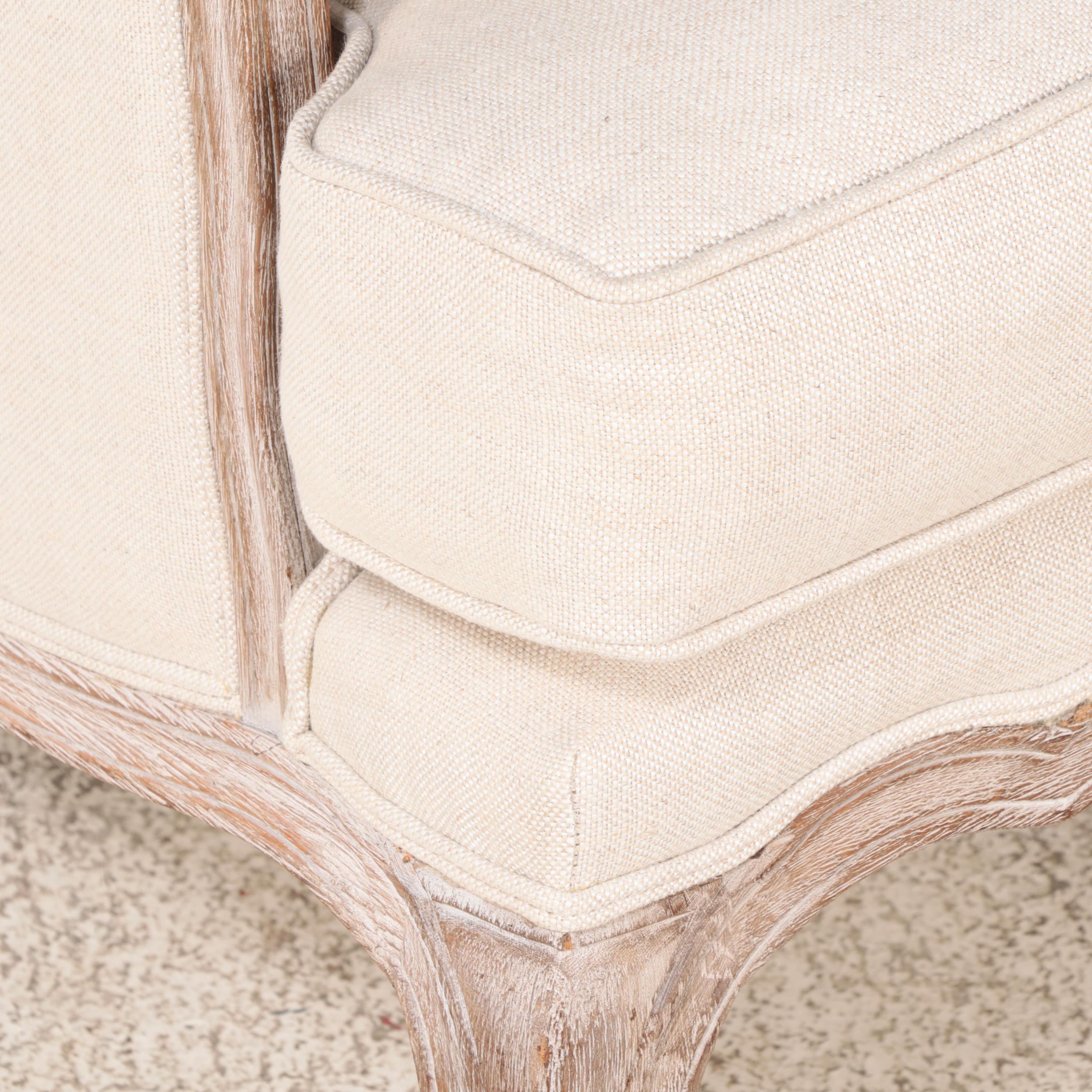 Pair of Restoration Hardware Louis XV Style Cerused Oak and Linen Bergères