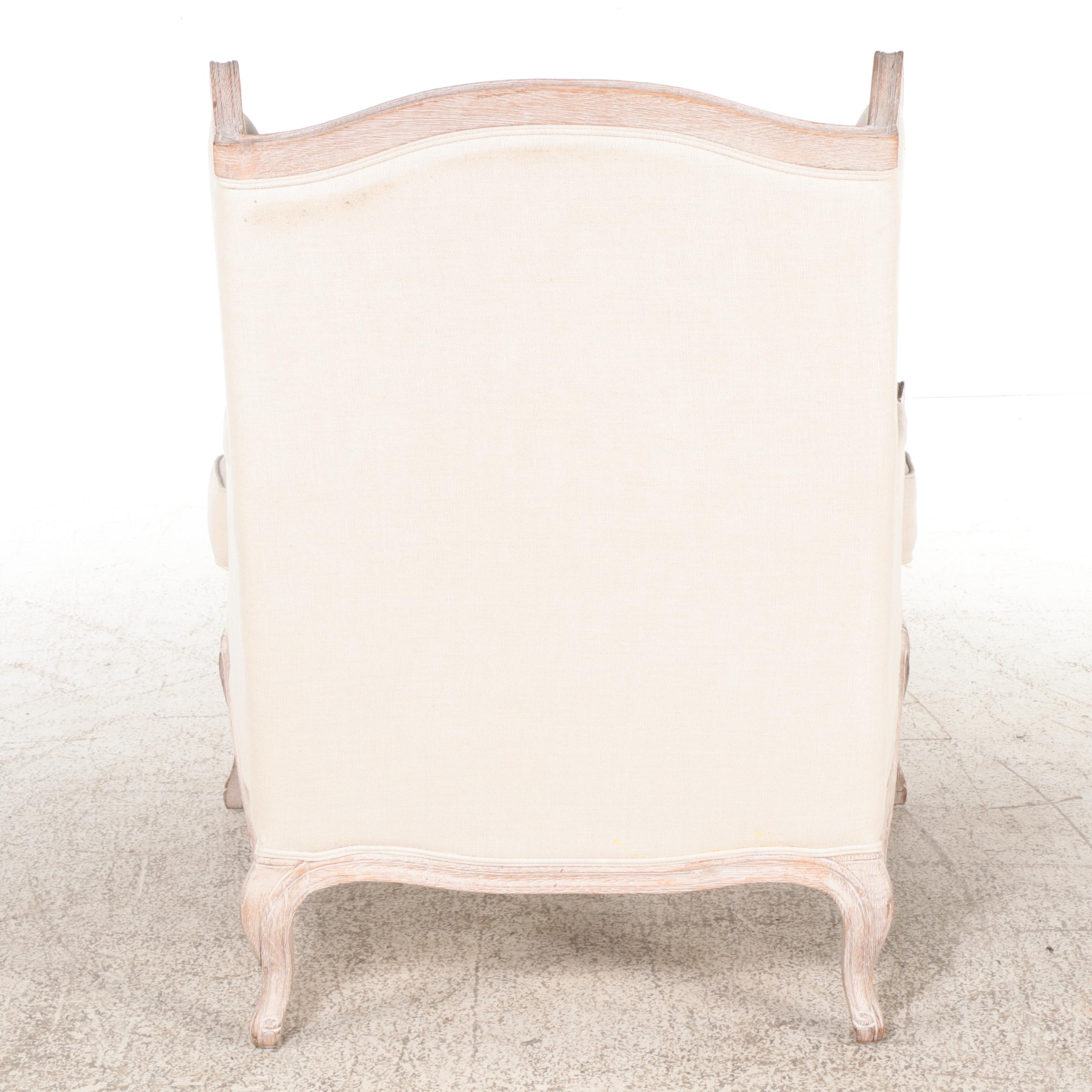 Pair of Restoration Hardware Louis XV Style Cerused Oak and Linen Bergères