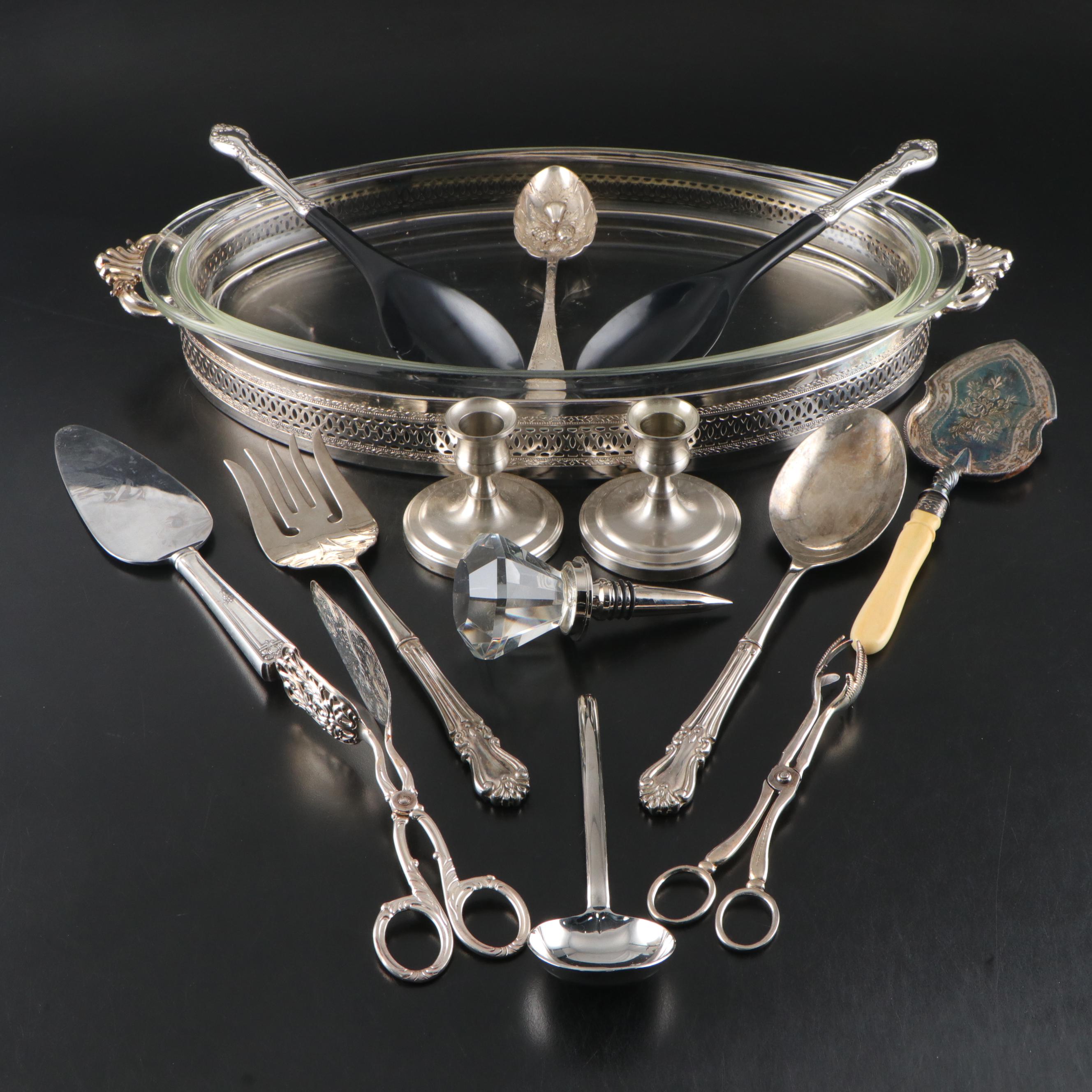 Pyrex Oval Baking Dish with Silver Plate Tongs and More Serving Utensils