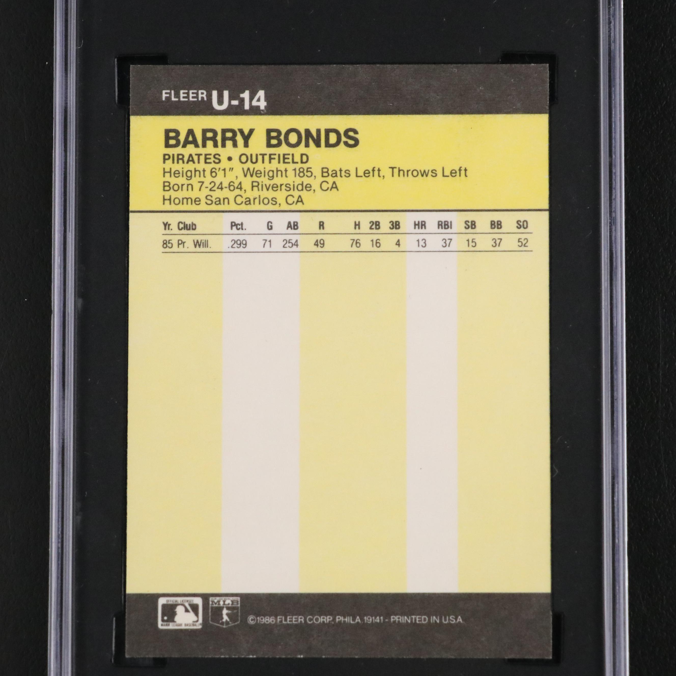 1986 Fleer Update Barry Bonds Rookie Baseball Card #U-14 Graded SGC 8