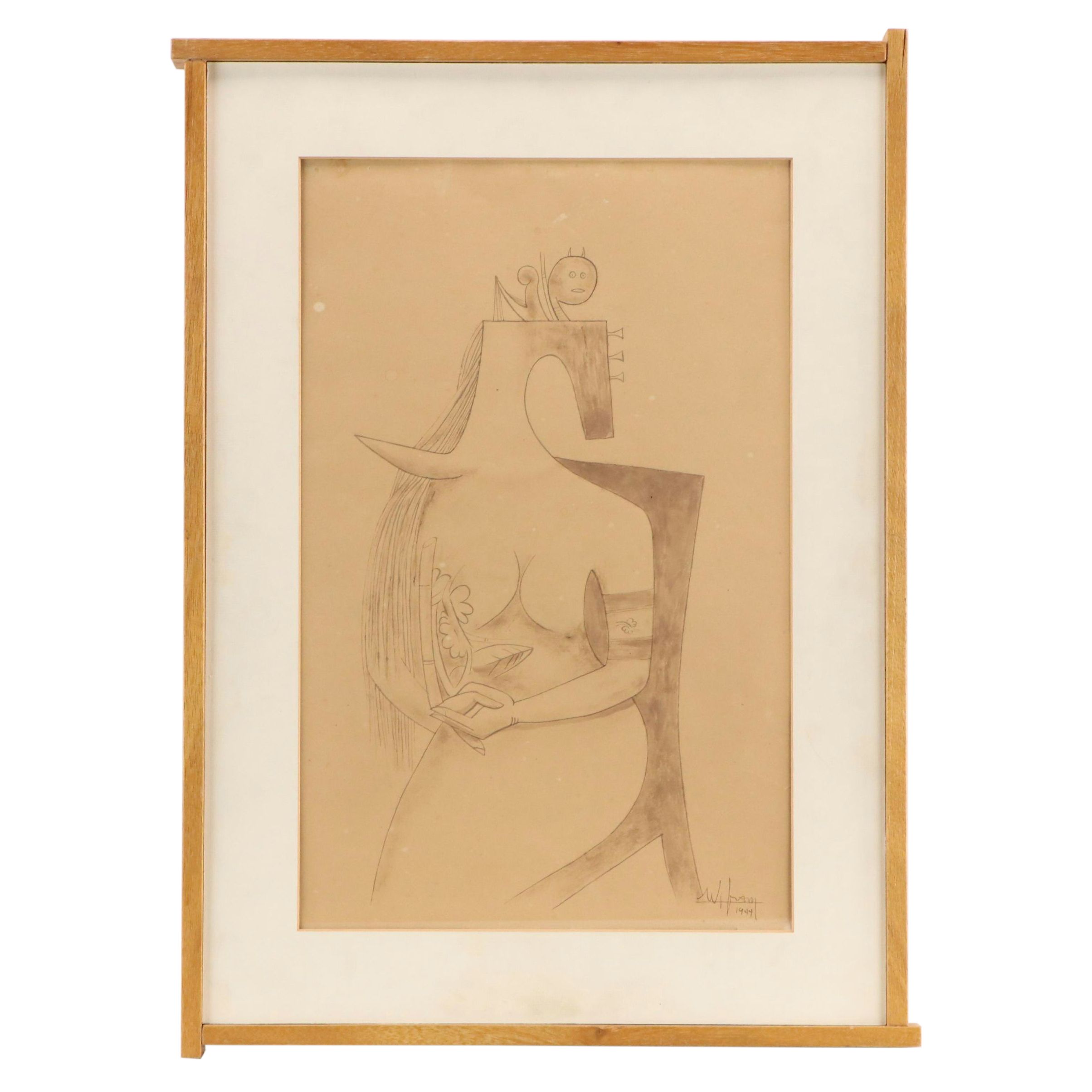 Wifredo Lam Ink Drawing "Woman Seated," 1944