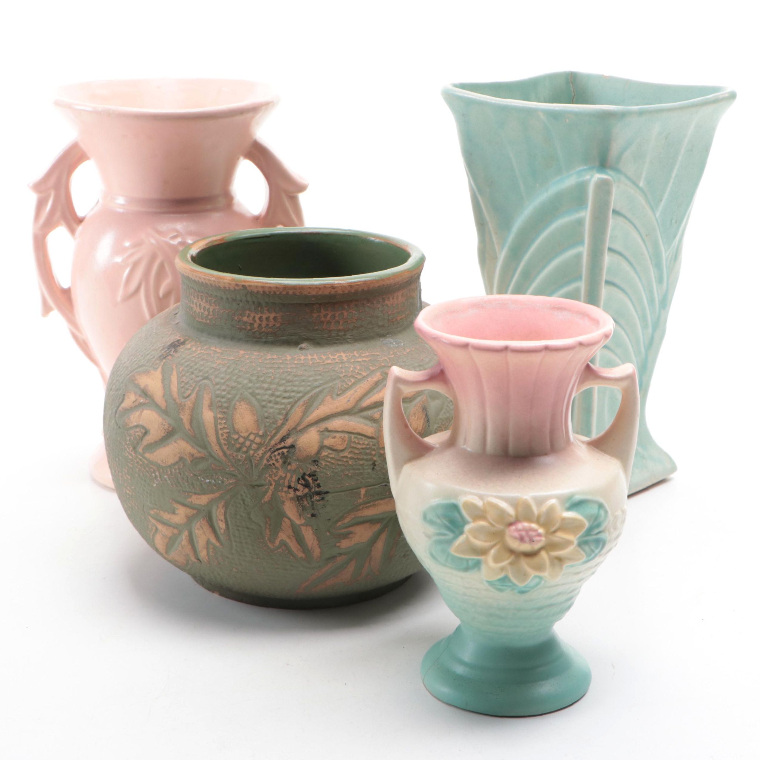 McCoy Pink and Blue Glaze Vases with Red Wing Pottery Stoneware Planter