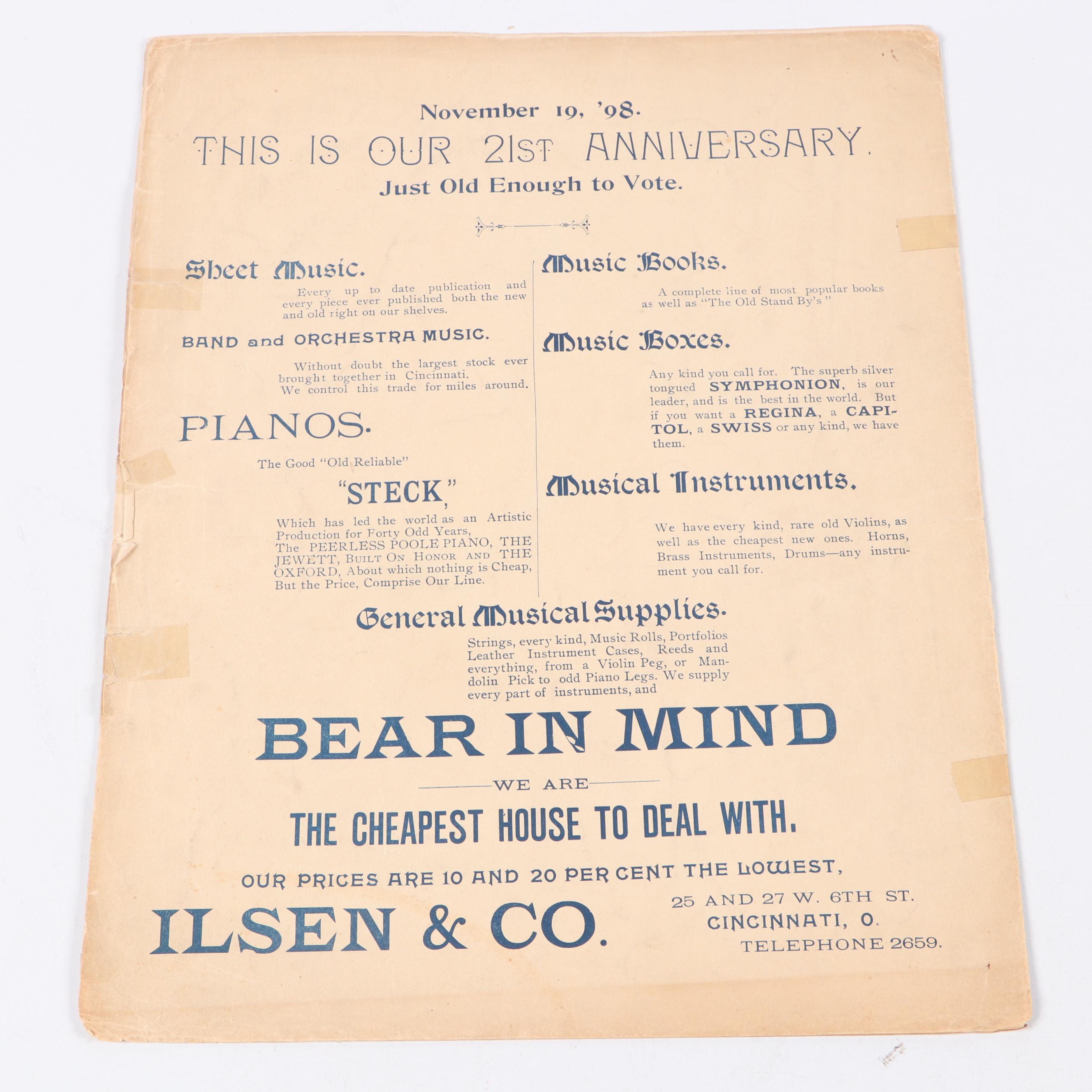 "Miami University March and Two-Step" Antique Sheet Music, 1896, Cincinnati