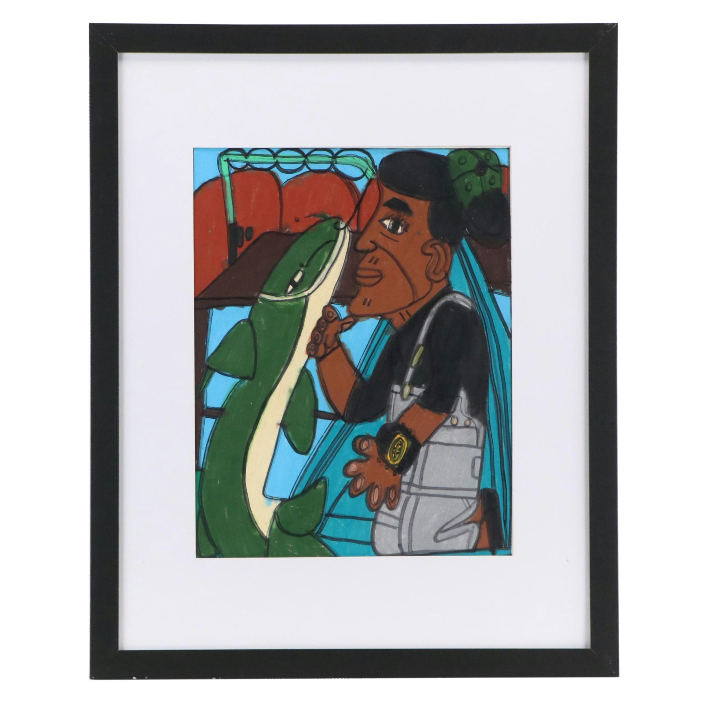 John Martin Mixed Media Drawing of a Figure with Catfish, 21st Century