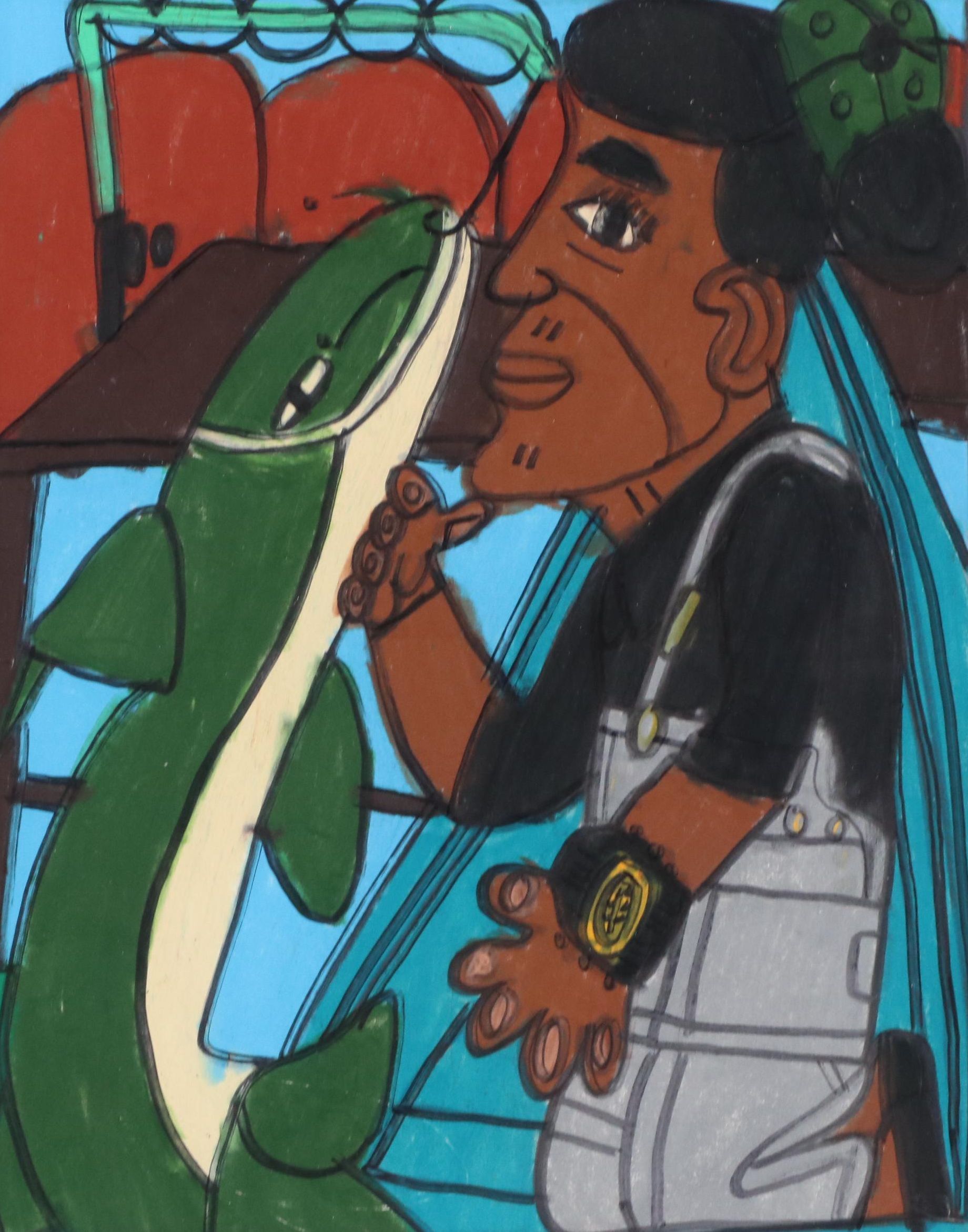 John Martin Mixed Media Drawing of a Figure with Catfish, 21st Century